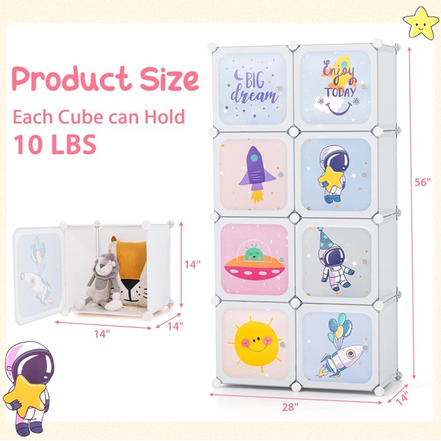 INFANS Children Wardrobe, Kid Closet Portable Baby Dresser Cute for Kids Bedroom Nursery Armoire with Doors 12 Cube 2 Hanging Sections, Kid Clothes Storage Organizer