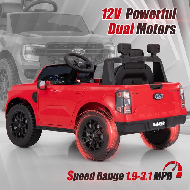 Licensed Ford Ranger Ride on Car for Kids by OLAKIDS, 12V Electric Vehicle with Remote Control, Toddlers Battery Powered Toy Gift with 2 Speeds, Wheels Suspension, Storage Space, Bluetooth USB