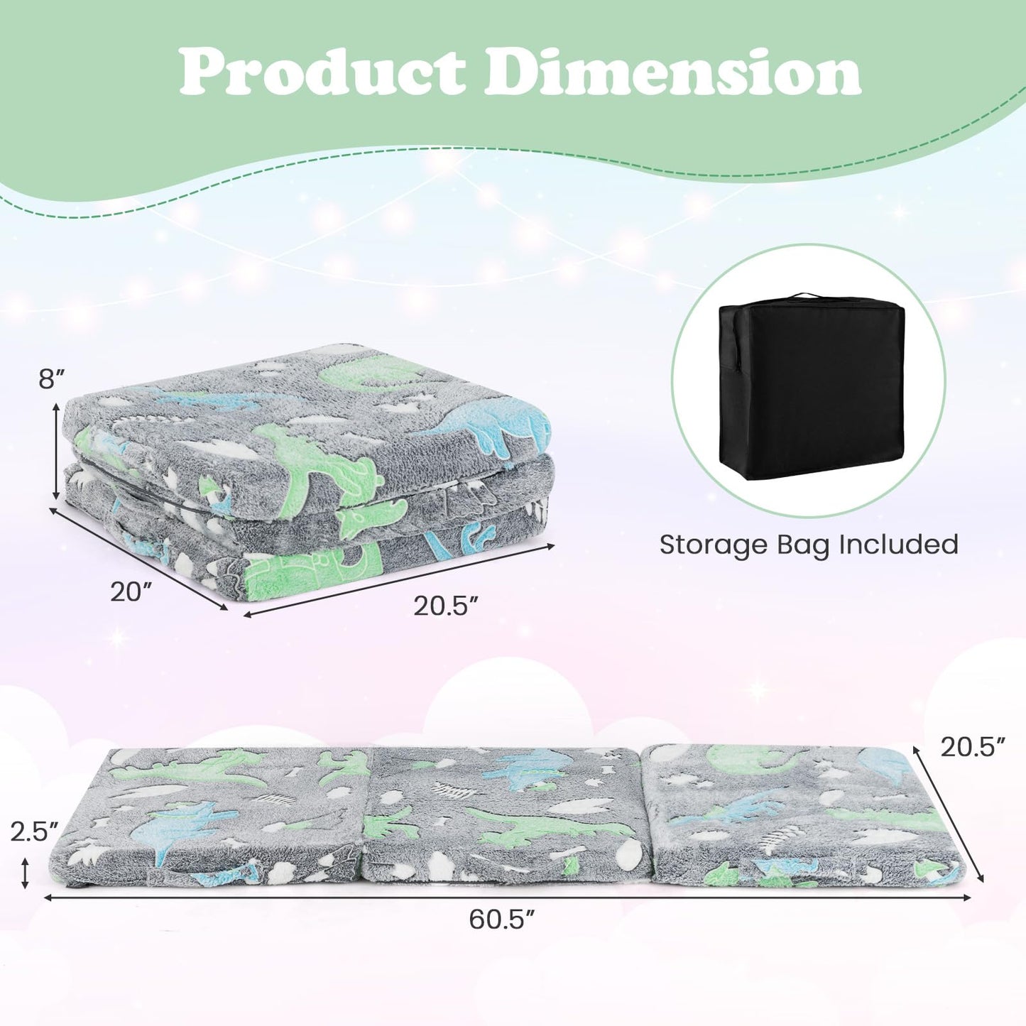 OLAKIDS Foldable Floor Mattress for Kids, Glow in Dark Tri-Folding Nap Mat for Sleeping Daycare, Portable Foam Mattress