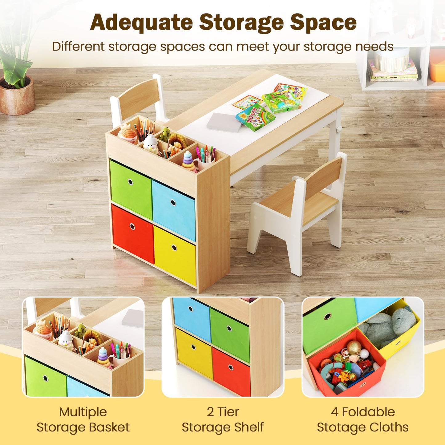 OLAKIDS Kids Table and Chair Set, Toddler Art Craft Play Wood Activity Desk with 2 Chairs 4 Storage Canvas Bins Paper Roll