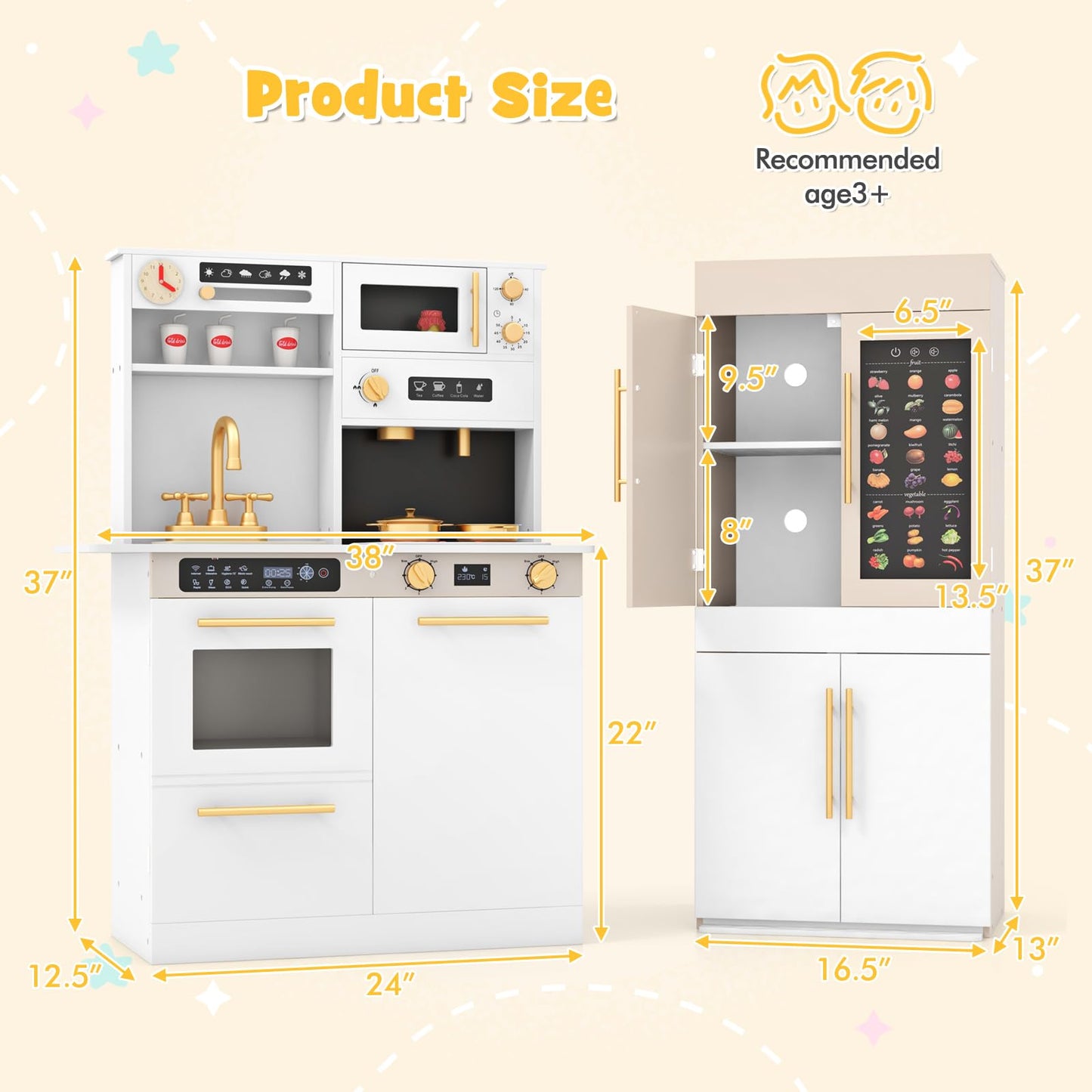 OLAKIDS Play Kitchen for Kids, 2-Piece Fridge Refrigerator Playset Combination with Electronic Interactive Alphabet Wall Chart
