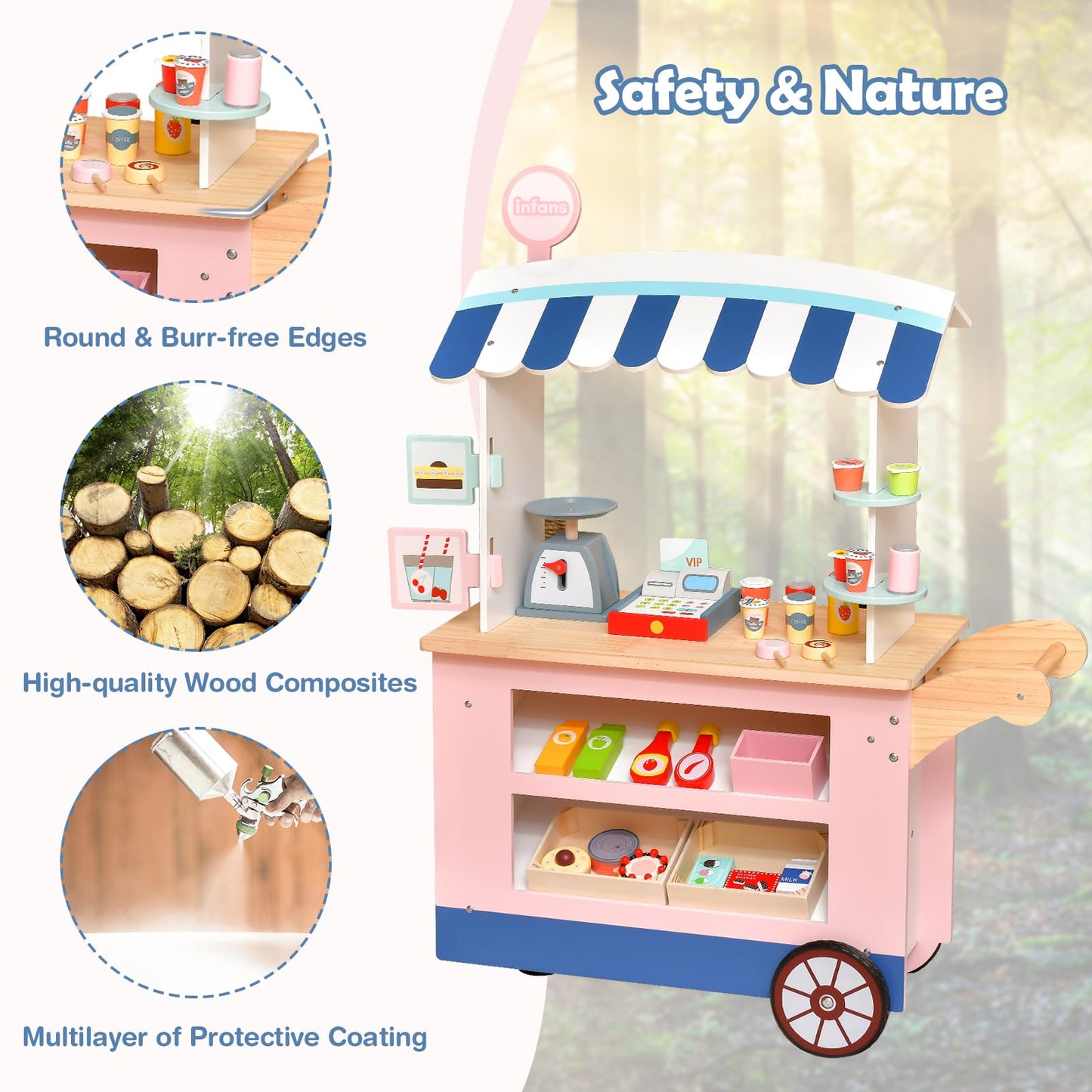 OLAKIDS Wooden Grocery Store Marketplace Toy, Supermarket Pretend Play, Fun Indoor Farmer's Market Stand Set