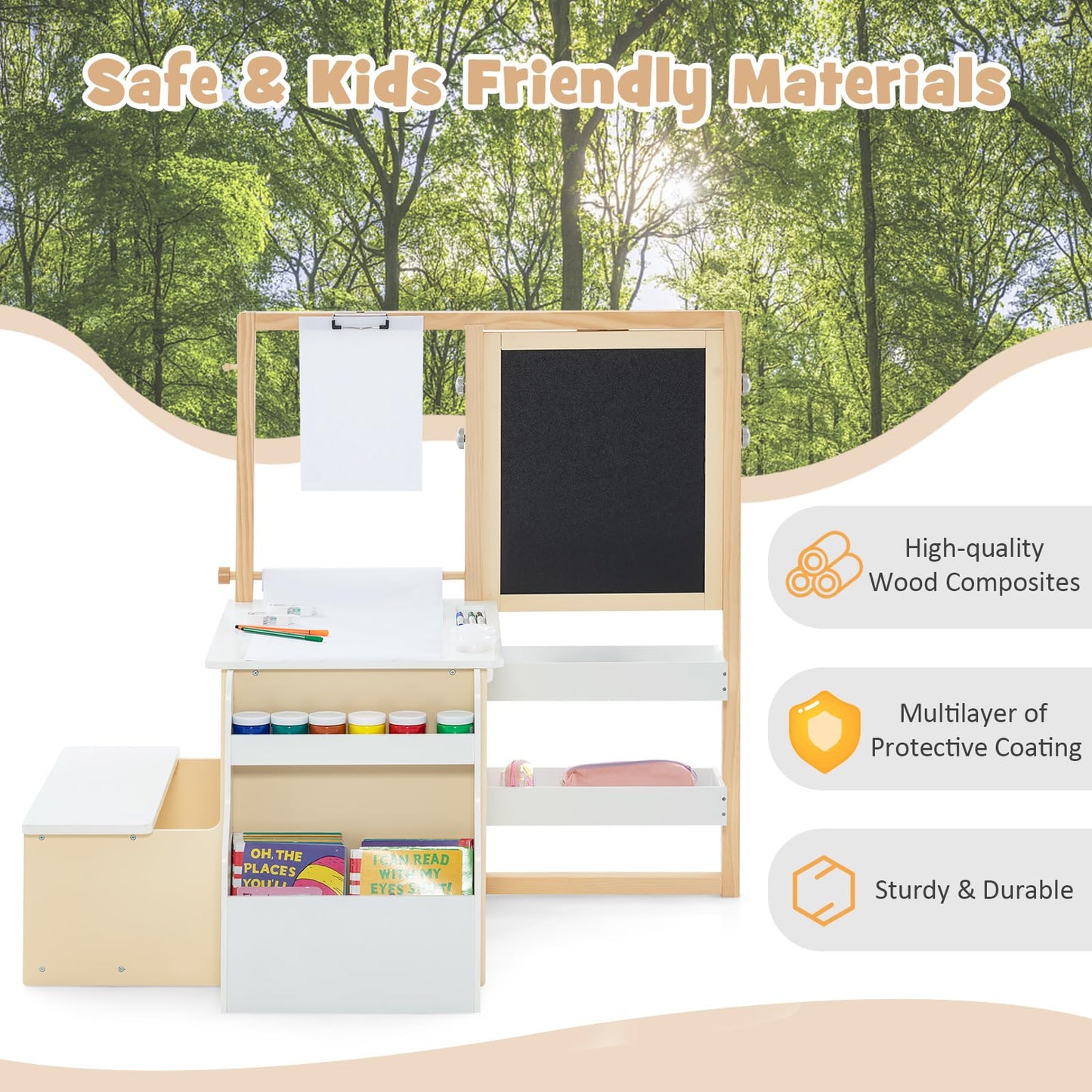 OLAKIDS 3 in 1 Kids Art Table and Chair Set, Toddler Wood Activity Desk with Double-Sided Easel, Children Furniture