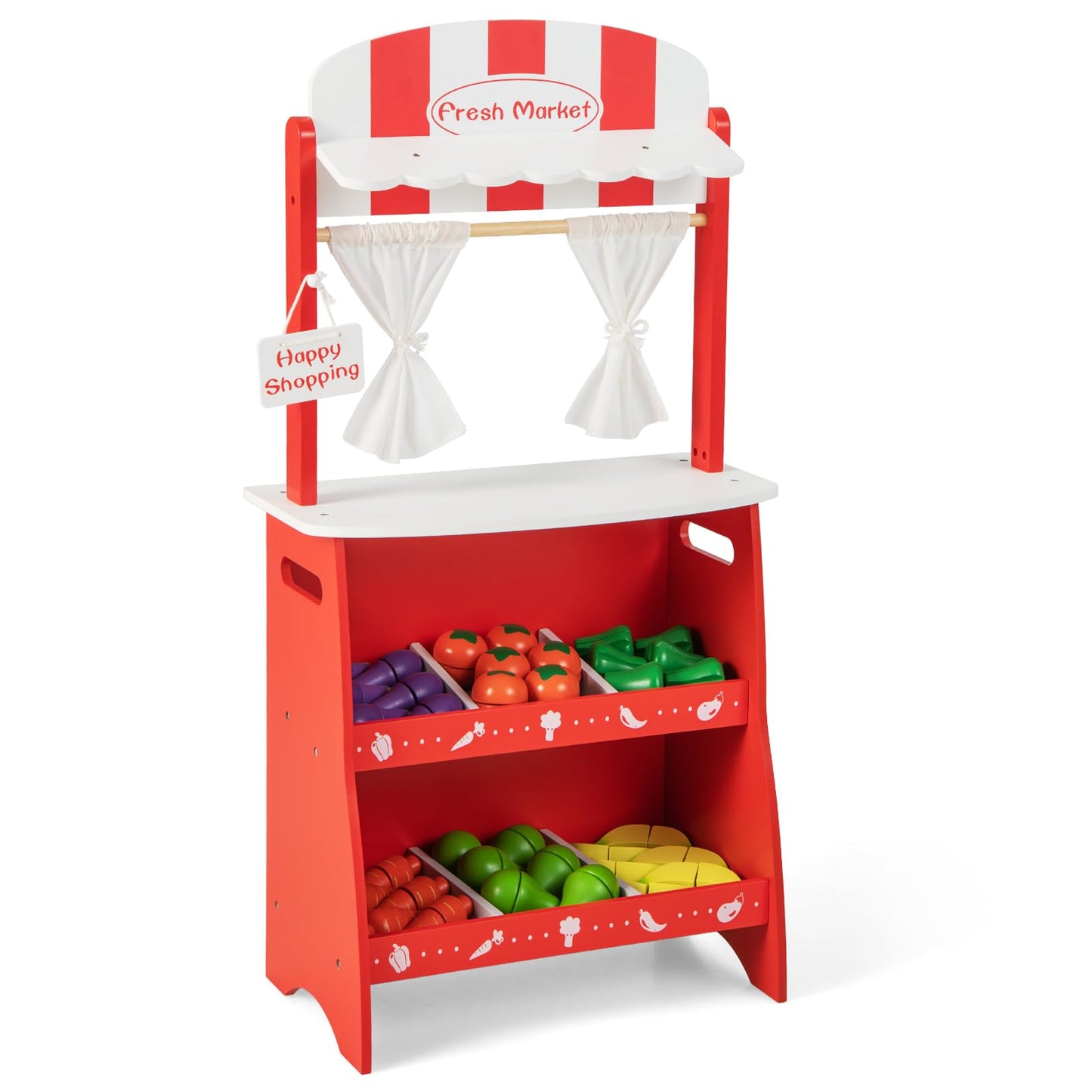 OLAKIDS Grocery Store Marketplace Toy for Kids, Wooden Market Stand Pretend Play Set with 36 Cutting Vegetables Fruits Pieces