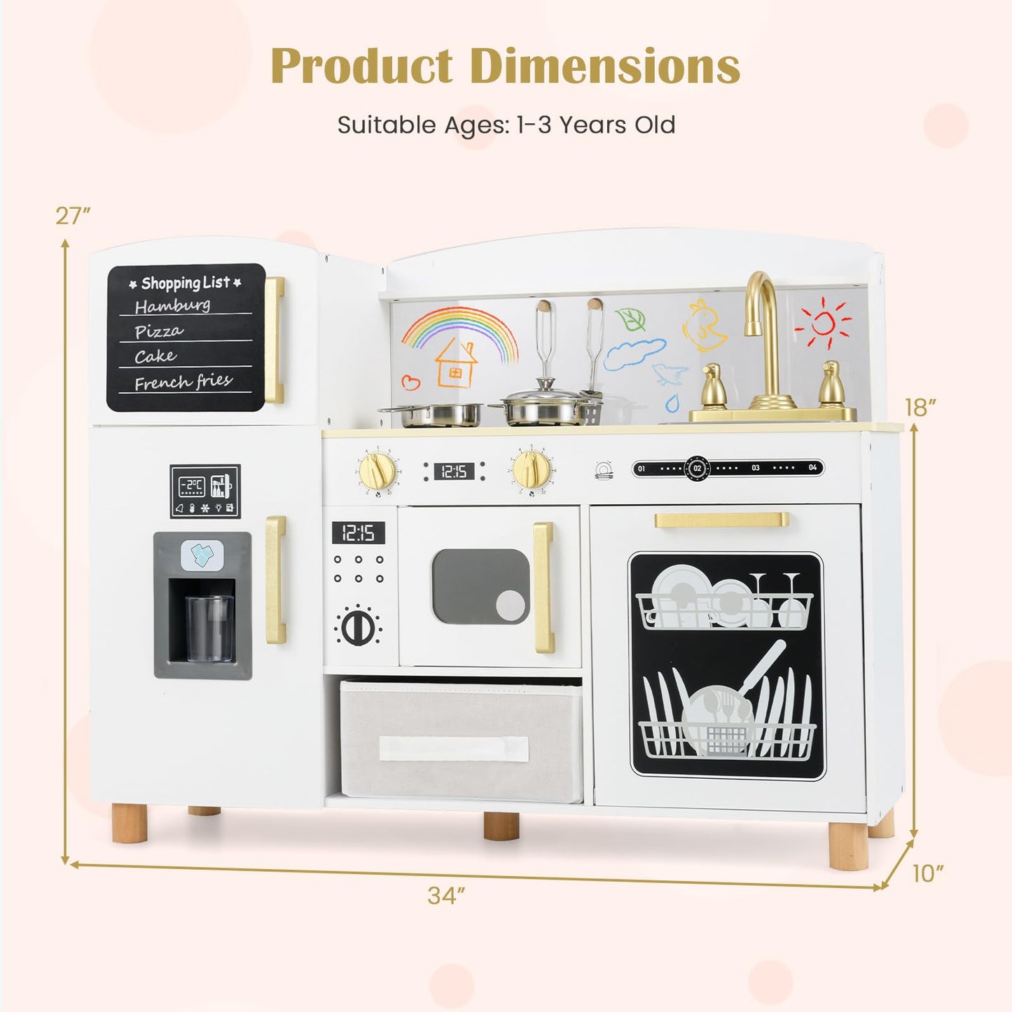 OLAKIDS Kids Kitchen Playset, Toddler Wooden Pretend Cooking Toy Set with Acrylic Drawing Board Ice Machine Dishwasher