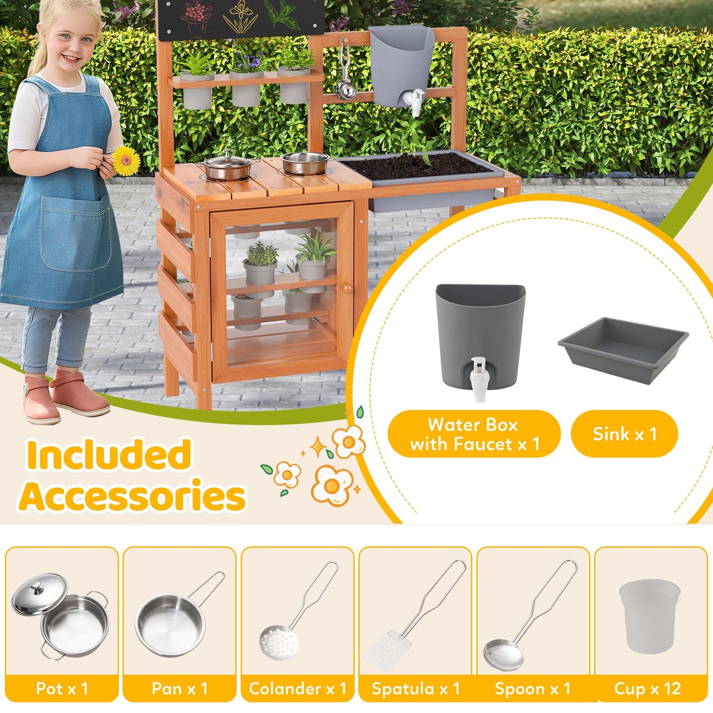 OLAKIDS Mud Kitchen for Kids Outdoor, Wooden Toddler Play Kitchen with Cooking Accessories, Toy Playset for Backyard Garden