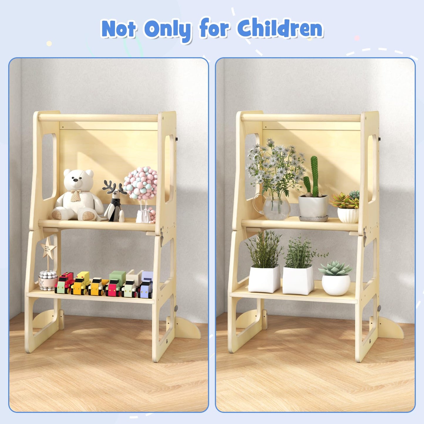 OLAKIDS Toddler Tower, 4 in 1 Foldable Kitchen Stool Helper Learning Standing Tower, Kids Wooden Collapsible Table and Chair Set