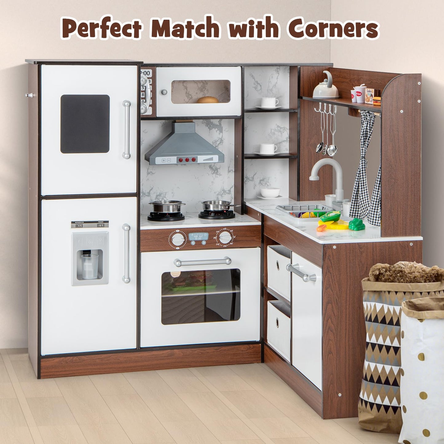 OLAKIDS Corner Kids Kitchen Playset, Ultimate Wooden Pretend Cooking Toy Set with Real Running Water