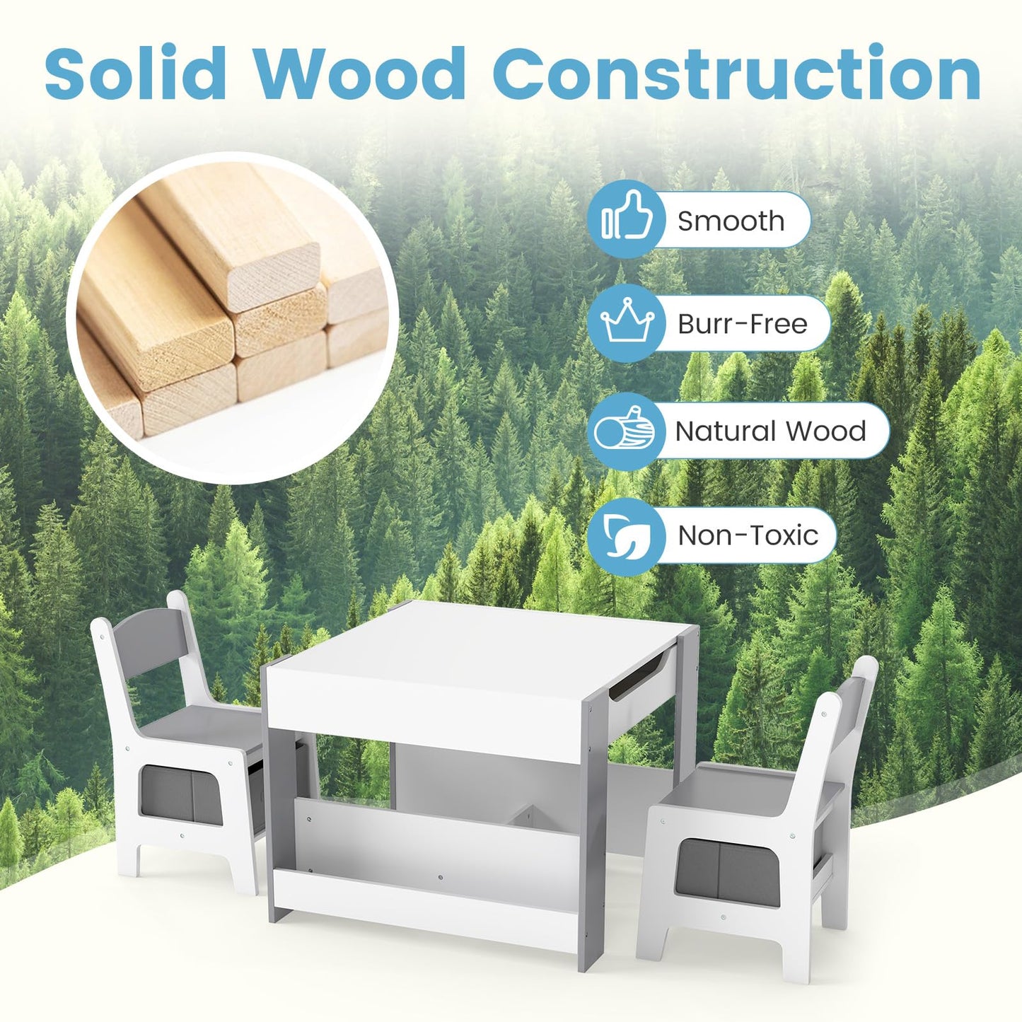 OLAKIDS Kids Table and Chair Set, 4 in 1 Building Block Wooden Activity Desk with Reversible Tabletop for Toddlers