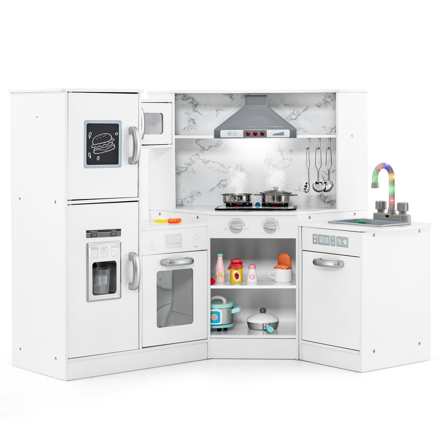 OLAKIDS Corner Kids Kitchen Playset, Toddler Wooden Pretend Cooking Set with Realistic Light Sound Stove