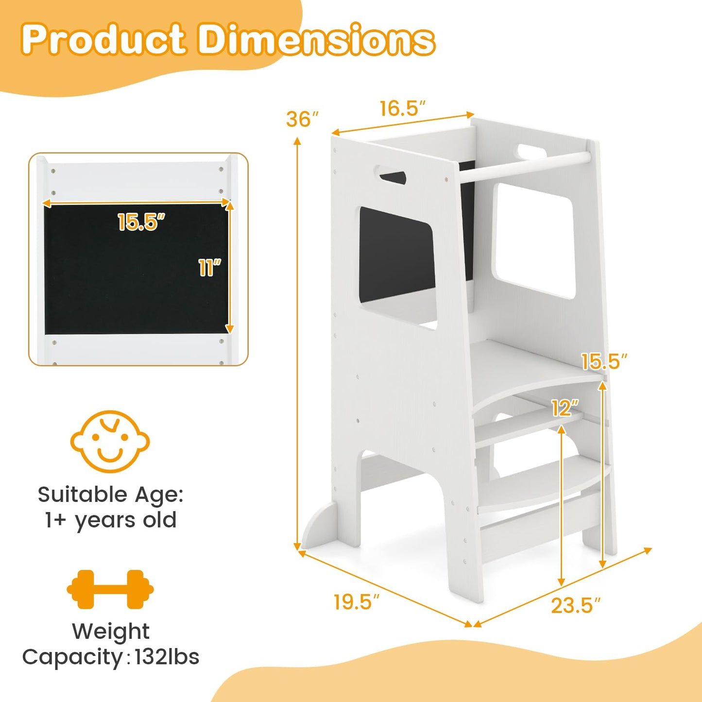 OLAKIDS Toddler Standing Tower, Kids Montessori Kitchen Step Stool Helper with 2 Adjustable Height Learning Blackboard Safety Rail