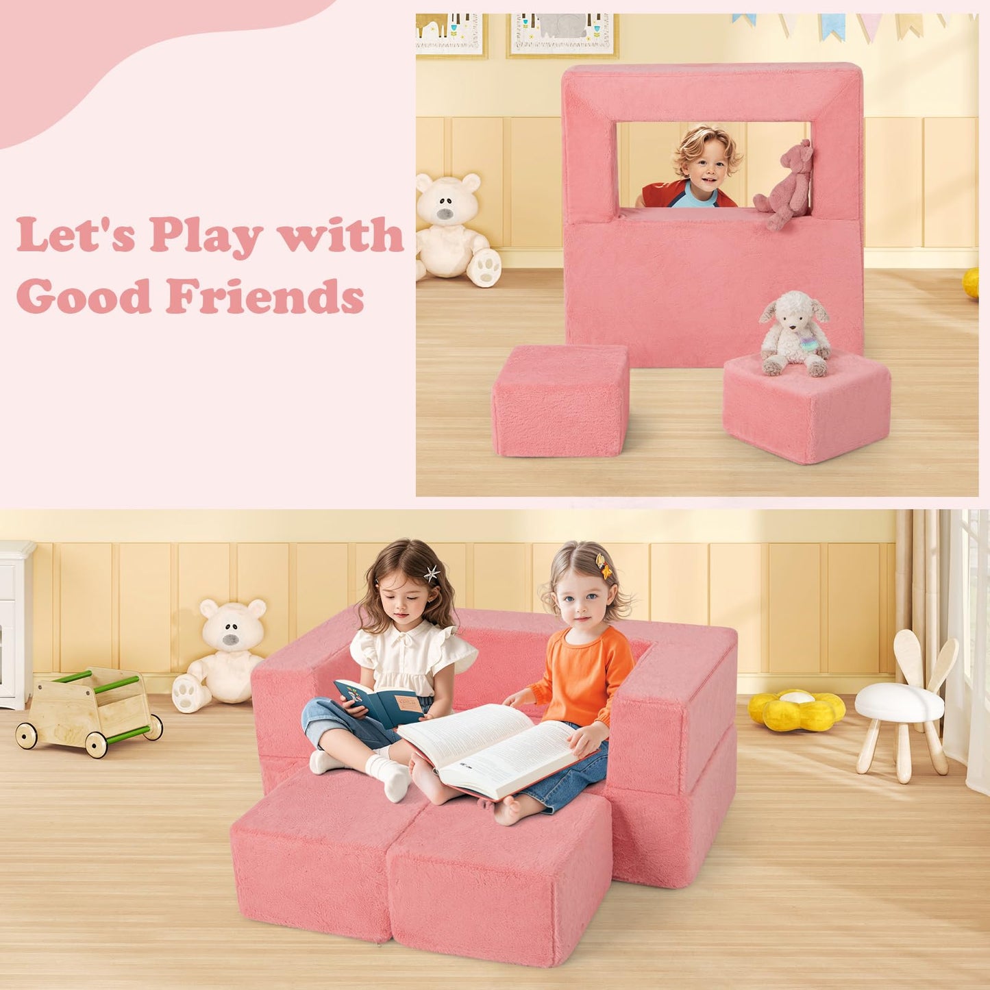 OLAKIDS Modular Kids Play Couch, Toddler Sectional Fort Building Sofa for Playroom, Bedroom, Convertible Soft Foam Furniture