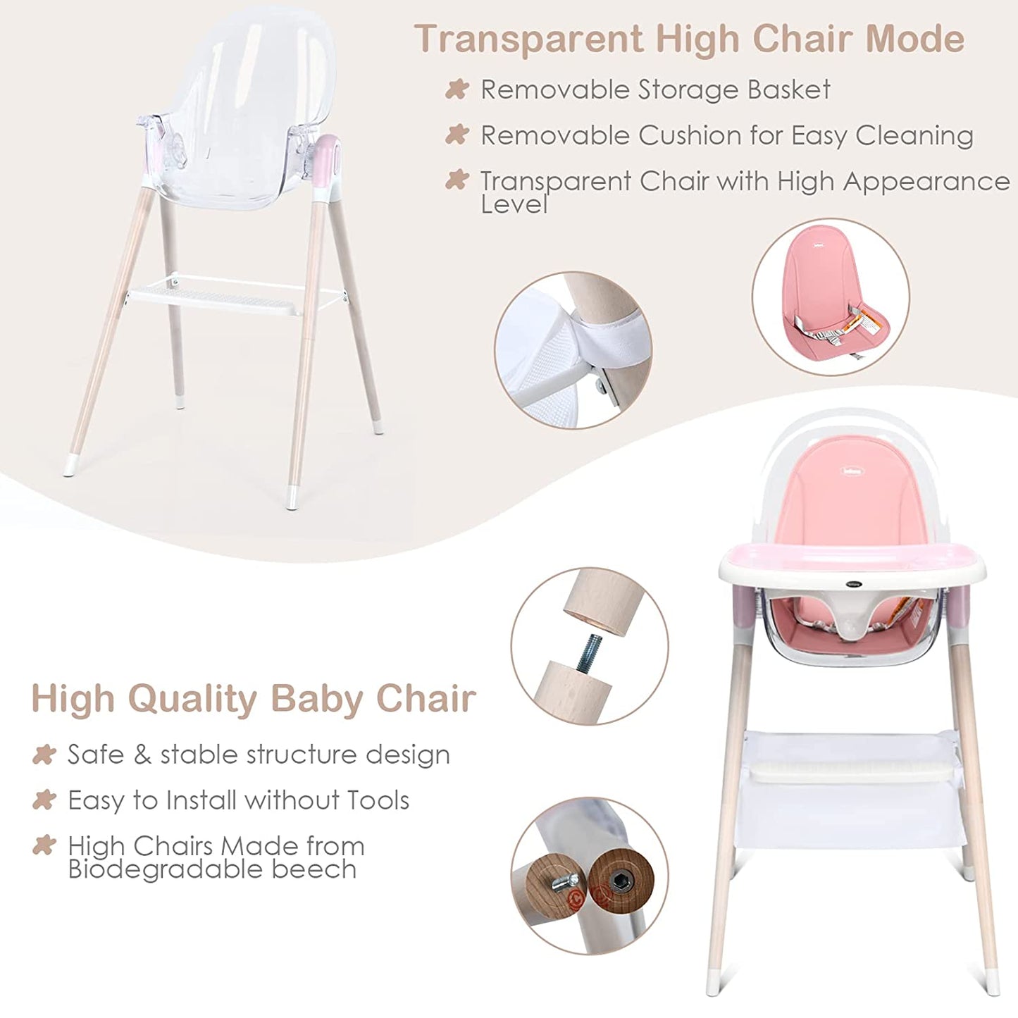 4-in-1 3-Point Seat Belt & Removable Cushion Wooden Baby High Chair OLAKIDS