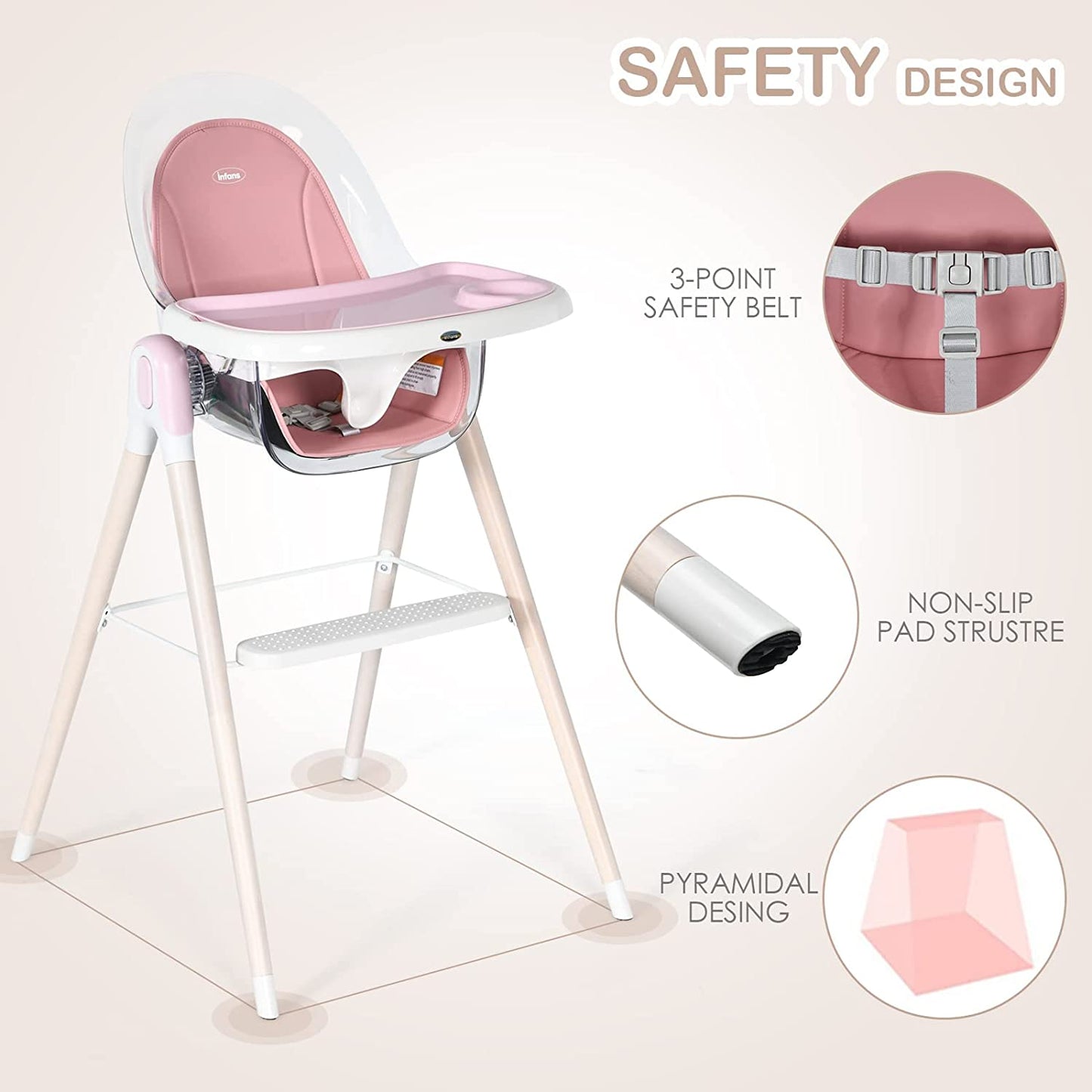 4-in-1 3-Point Seat Belt & Removable Cushion Wooden Baby High Chair OLAKIDS