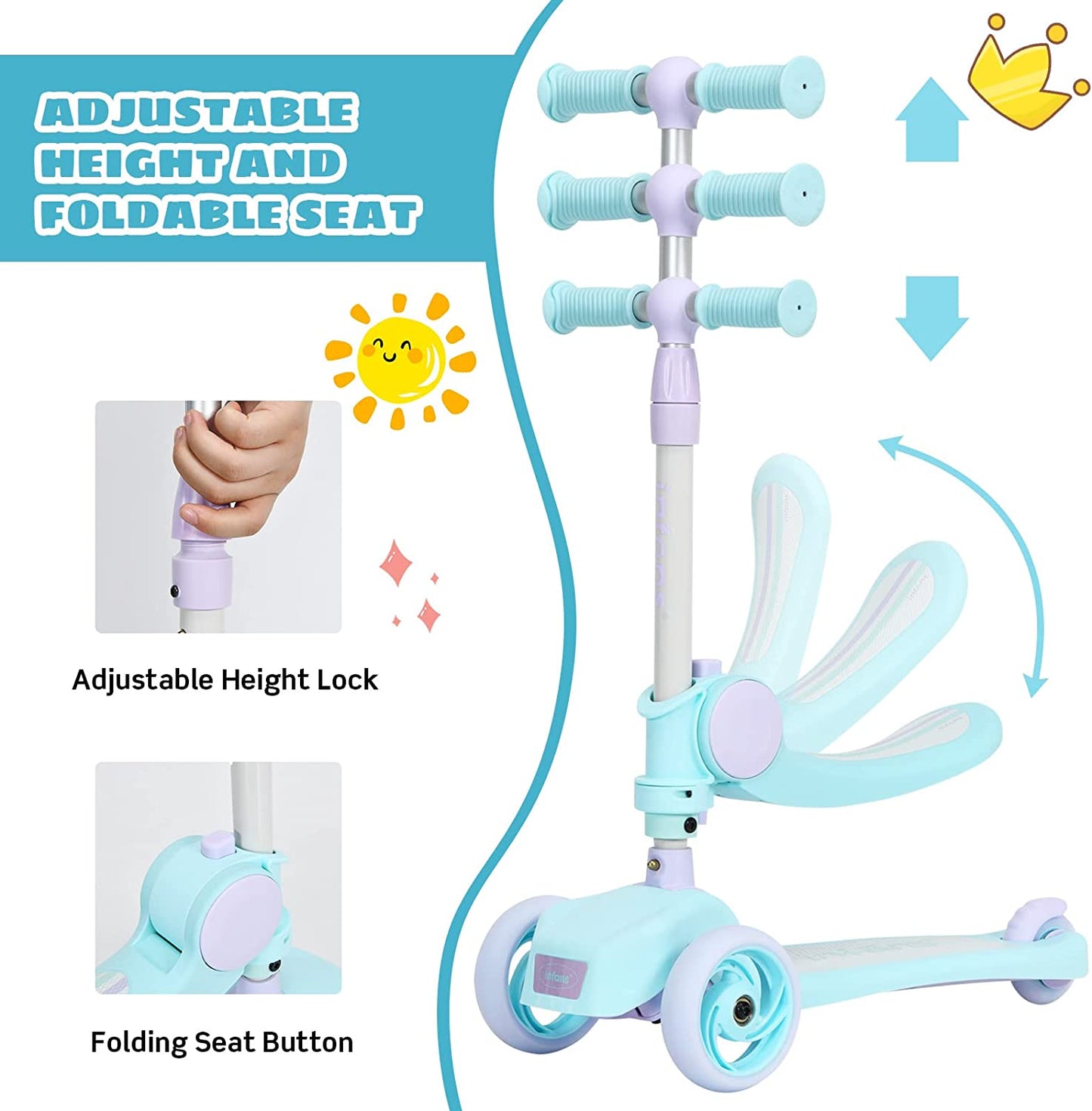 3 Wheel Scooter for Kids with Removable Seat for Girls Boys Ages 3-8 OLAKIDS