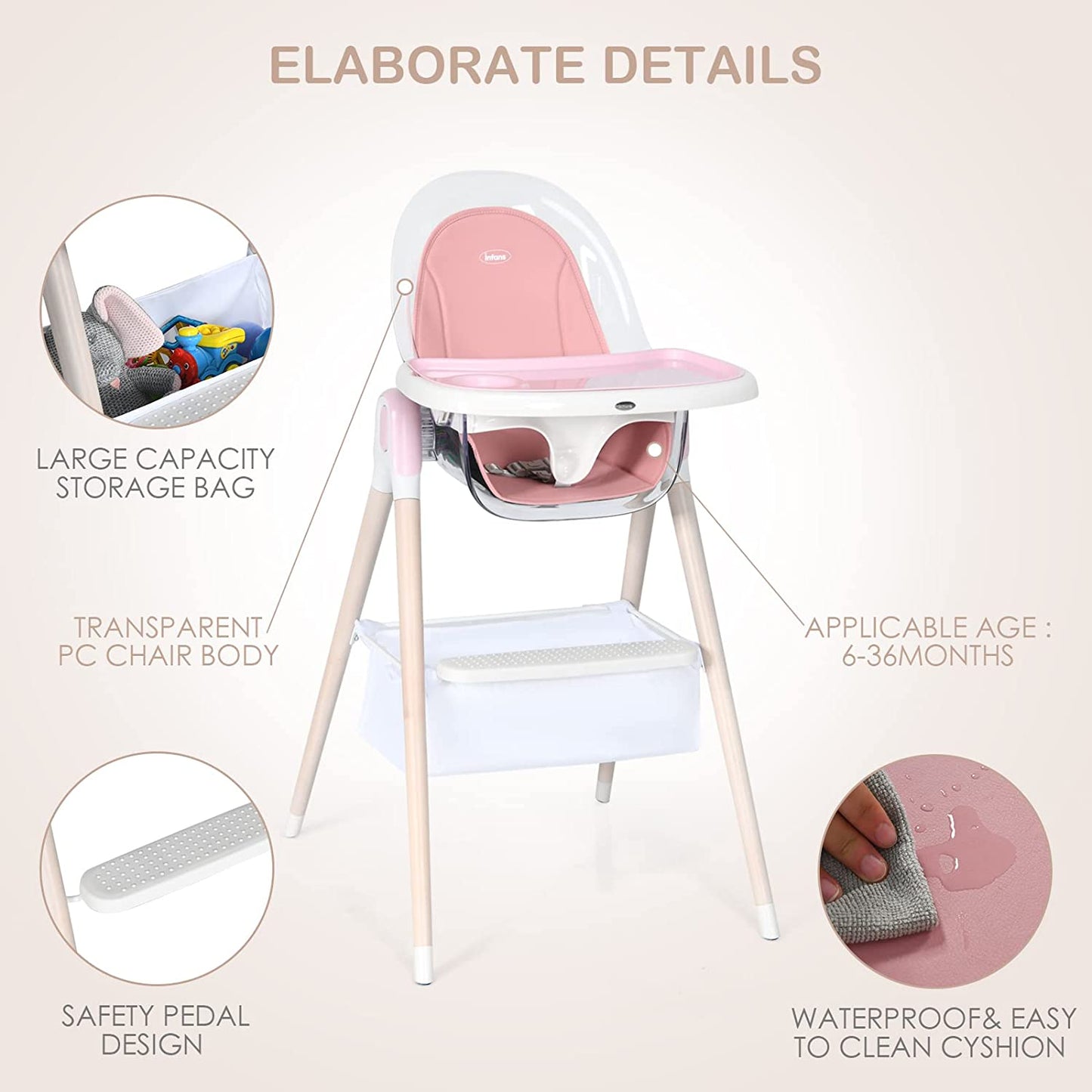 4-in-1 3-Point Seat Belt & Removable Cushion Wooden Baby High Chair OLAKIDS