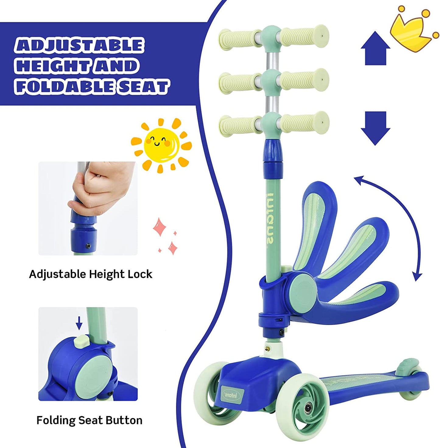 3 Wheel Scooter for Kids with Removable Seat for Girls Boys Ages 3-8 OLAKIDS
