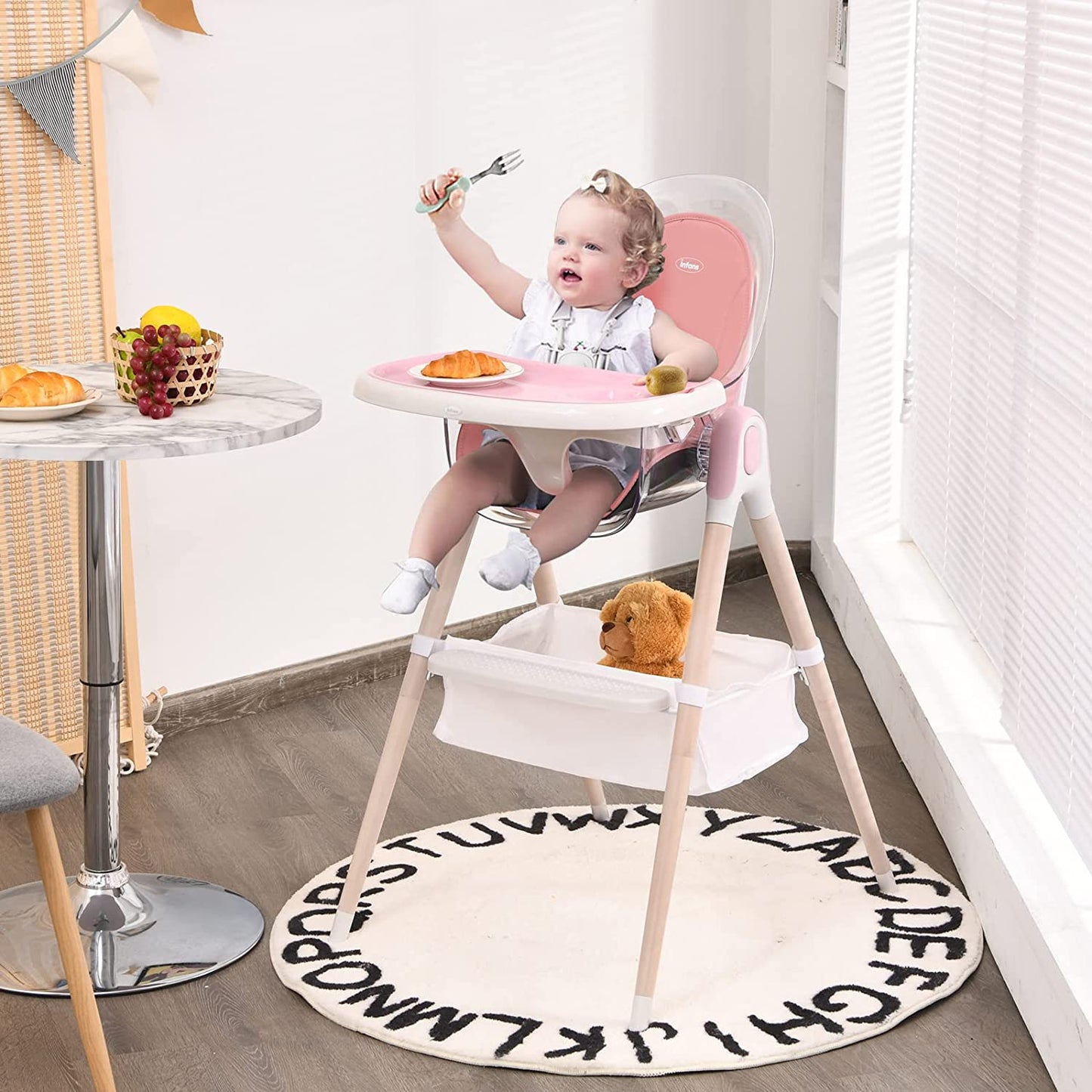 4-in-1 3-Point Seat Belt & Removable Cushion Wooden Baby High Chair OLAKIDS