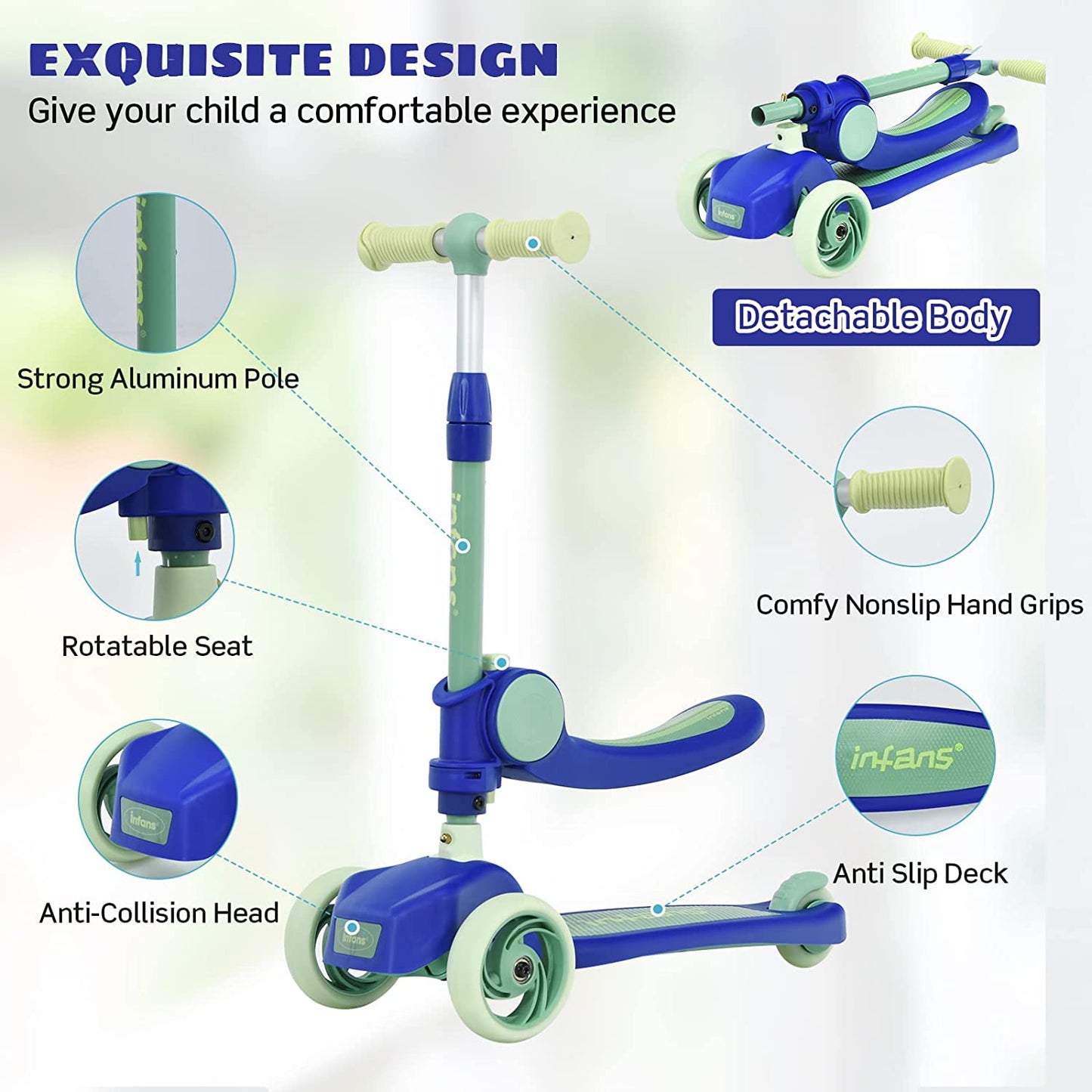 3 Wheel Scooter for Kids with Removable Seat for Girls Boys Ages 3-8 OLAKIDS