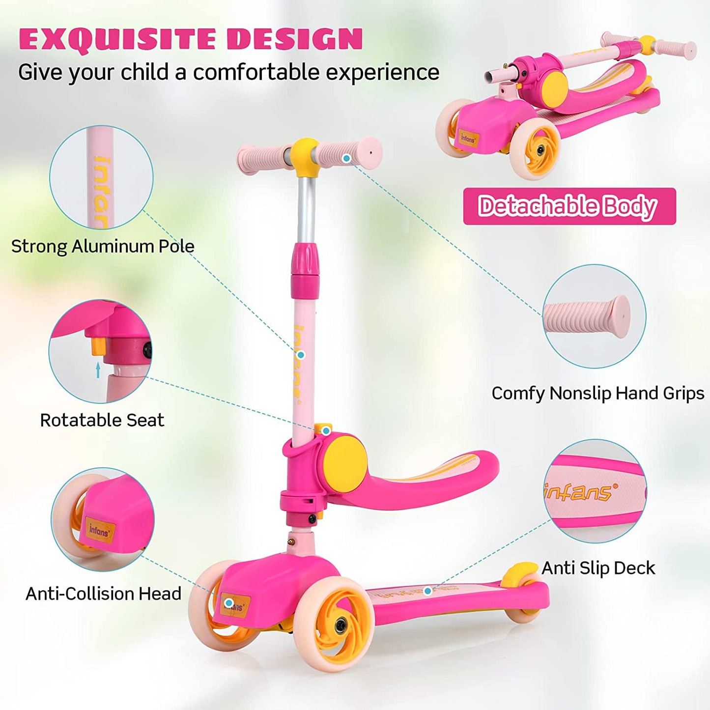 3 Wheel Scooter for Kids with Removable Seat for Girls Boys Ages 3-8 OLAKIDS