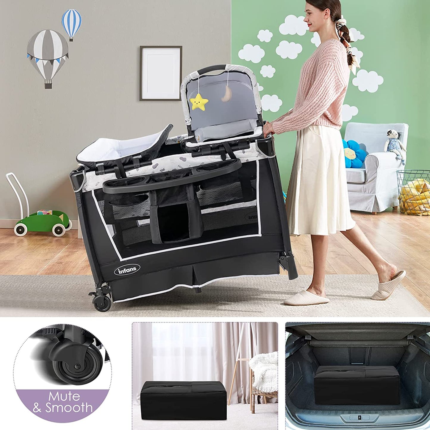 4-in-1 Portable Nursery Center for Baby Kid Infant Comfortable Playard with Bassinet OLAKIDS