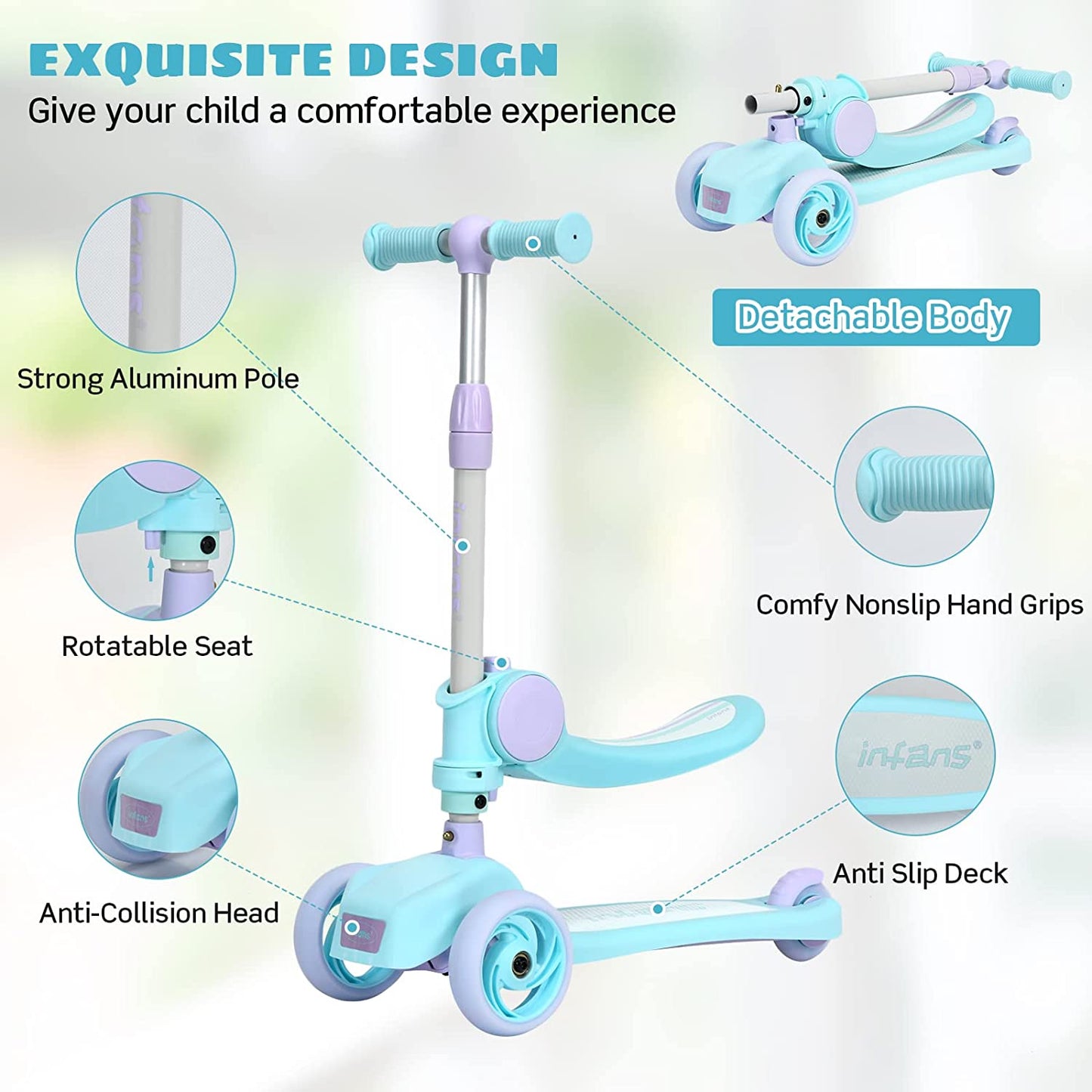 3 Wheel Scooter for Kids with Removable Seat for Girls Boys Ages 3-8 OLAKIDS