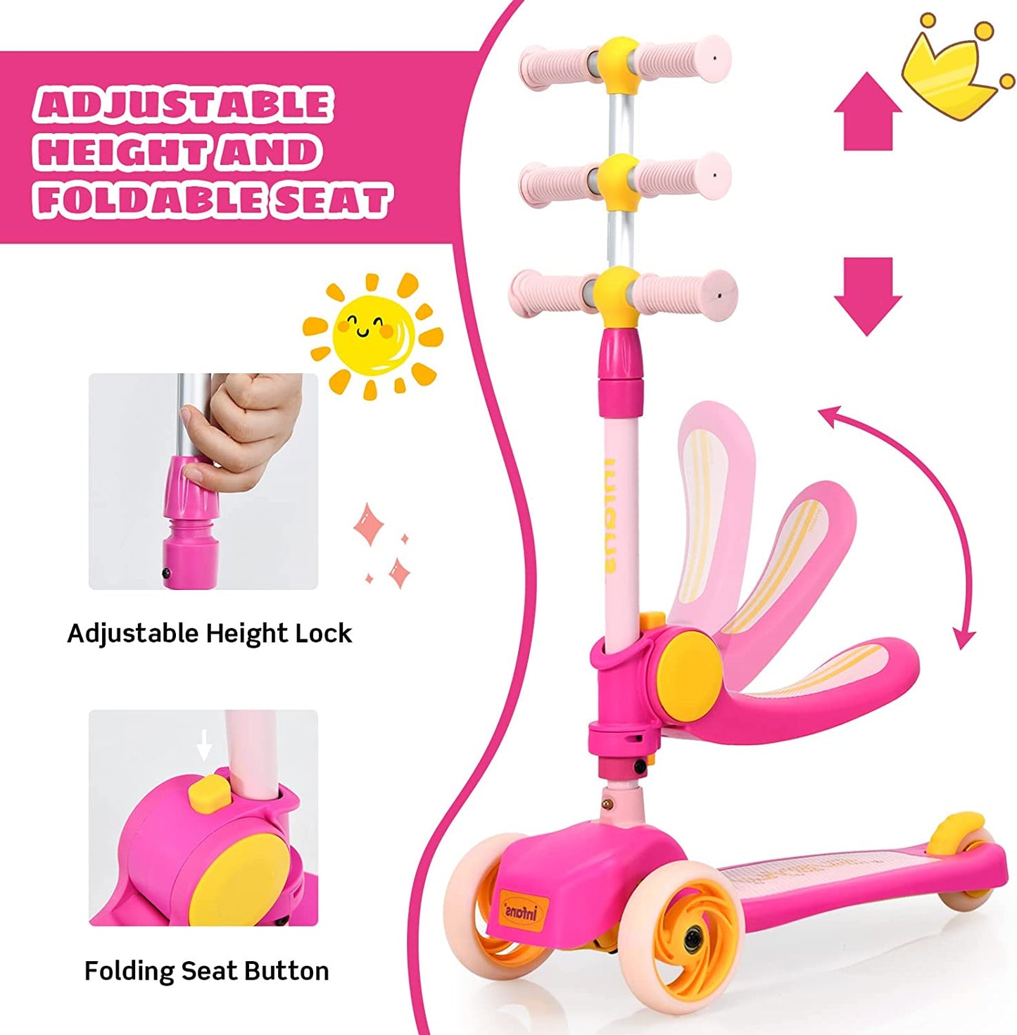 3 Wheel Scooter for Kids with Removable Seat for Girls Boys Ages 3-8 OLAKIDS