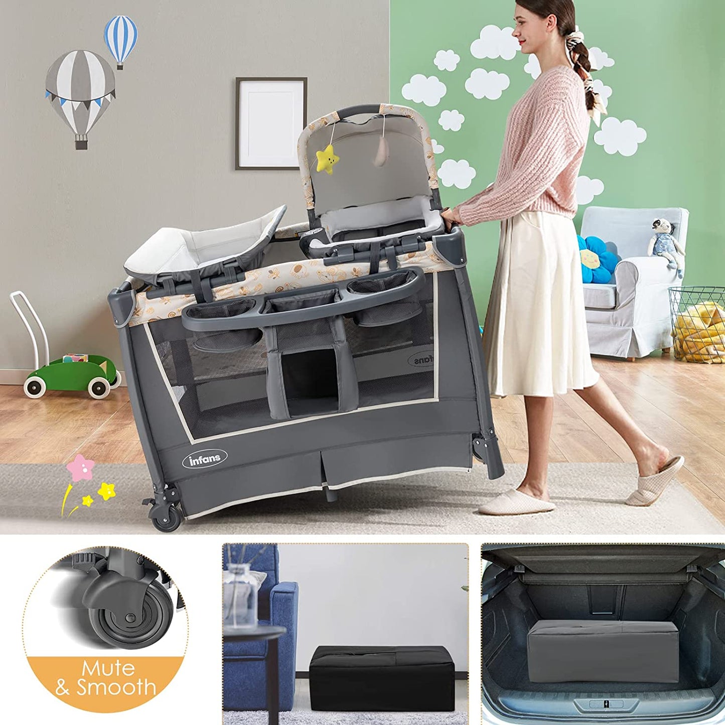 4-in-1 Portable Nursery Center for Baby Kid Infant Comfortable Playard with Bassinet OLAKIDS