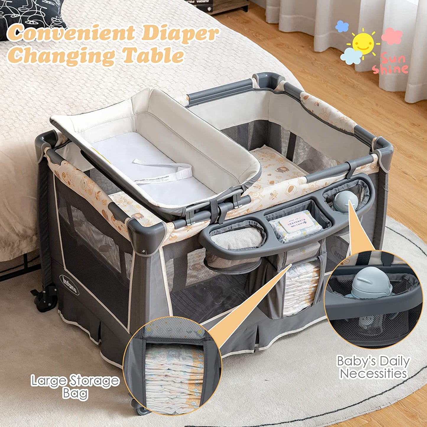 4-in-1 Portable Nursery Center for Baby Kid Infant Comfortable Playard with Bassinet OLAKIDS