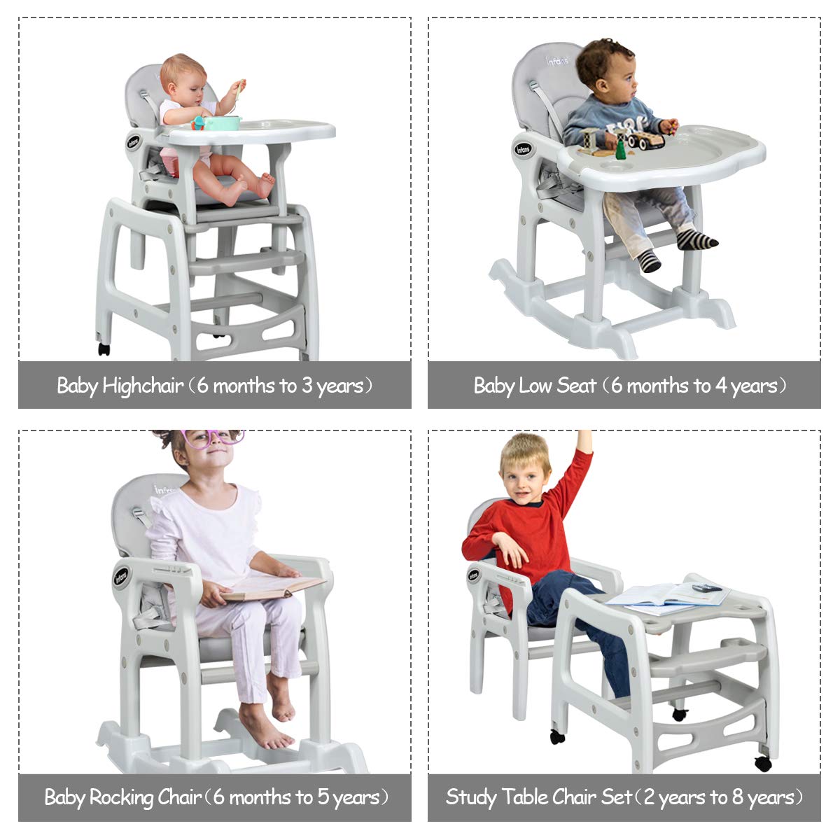 3-in-1 Convertible Baby High Chair with Removable Trays OLAKIDS