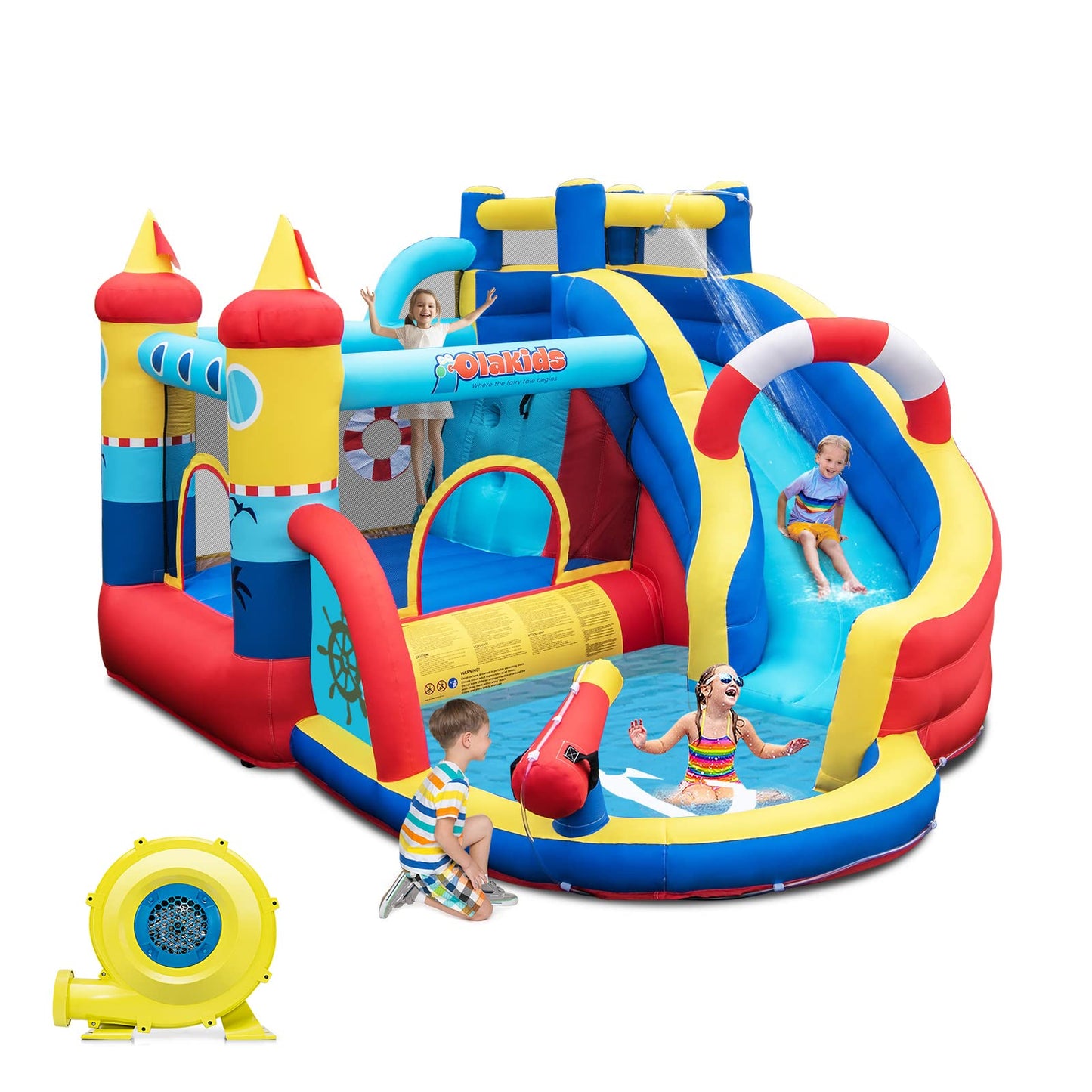 Inflatable Water Slides, Nautical Themed Bouncy House with Slide, Splash Pool, Climbing Wall, Water Gun