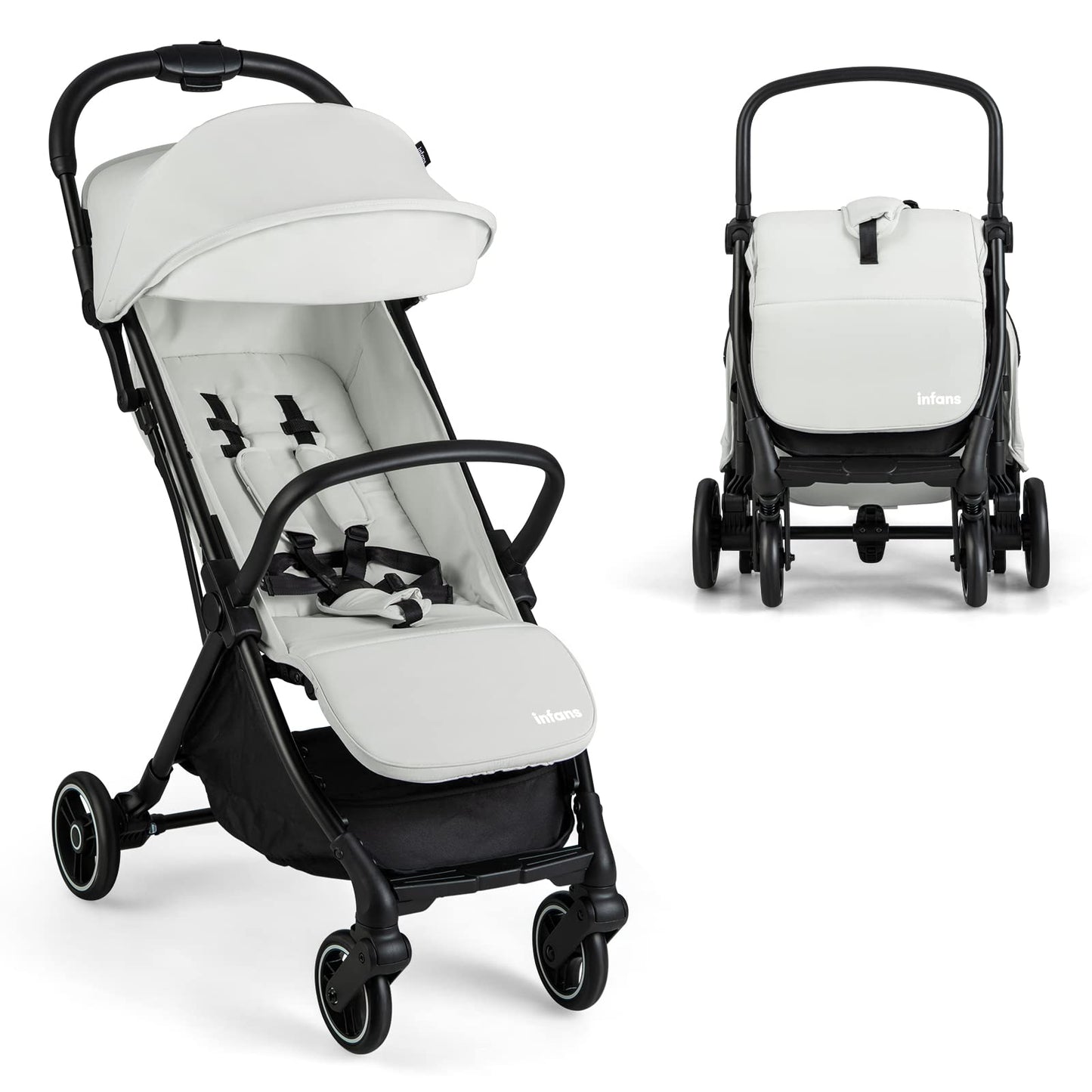 INFANS Lightweight Baby Stroller, One-Hand Gravity Fold, Compact Travel Stroller for Airplane with Aluminium Frame, Adjustable Backrest and Canopy, Foldable Infant Toddler Stroller for 0-36 Month