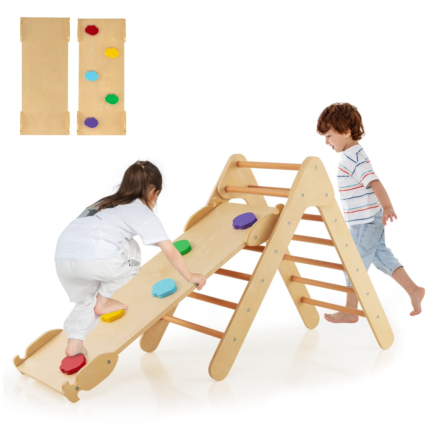 OLAKIDS Climbing Toys for Toddlers, 3 in 1 Kids Wooden Montessori Triangle Set Climber Toy with Ramp Ladder Slide for Gym Playground, Baby Indoor Activity Play Structure for Boys Girls