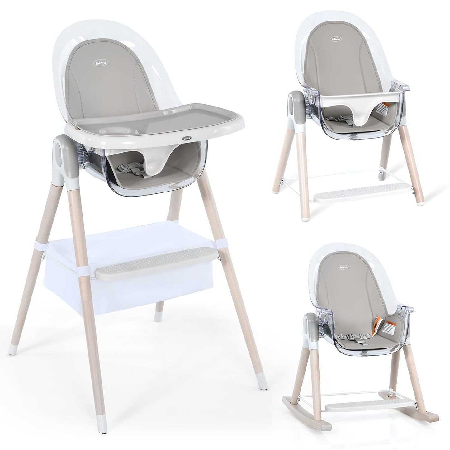 OLAKIDS 4 in 1 Wooden Baby High Chair, Rocking Chair/Booster Seat/Toddler Chair Infant Dining Chairs w/ Double Removable Tray OLAKIDS