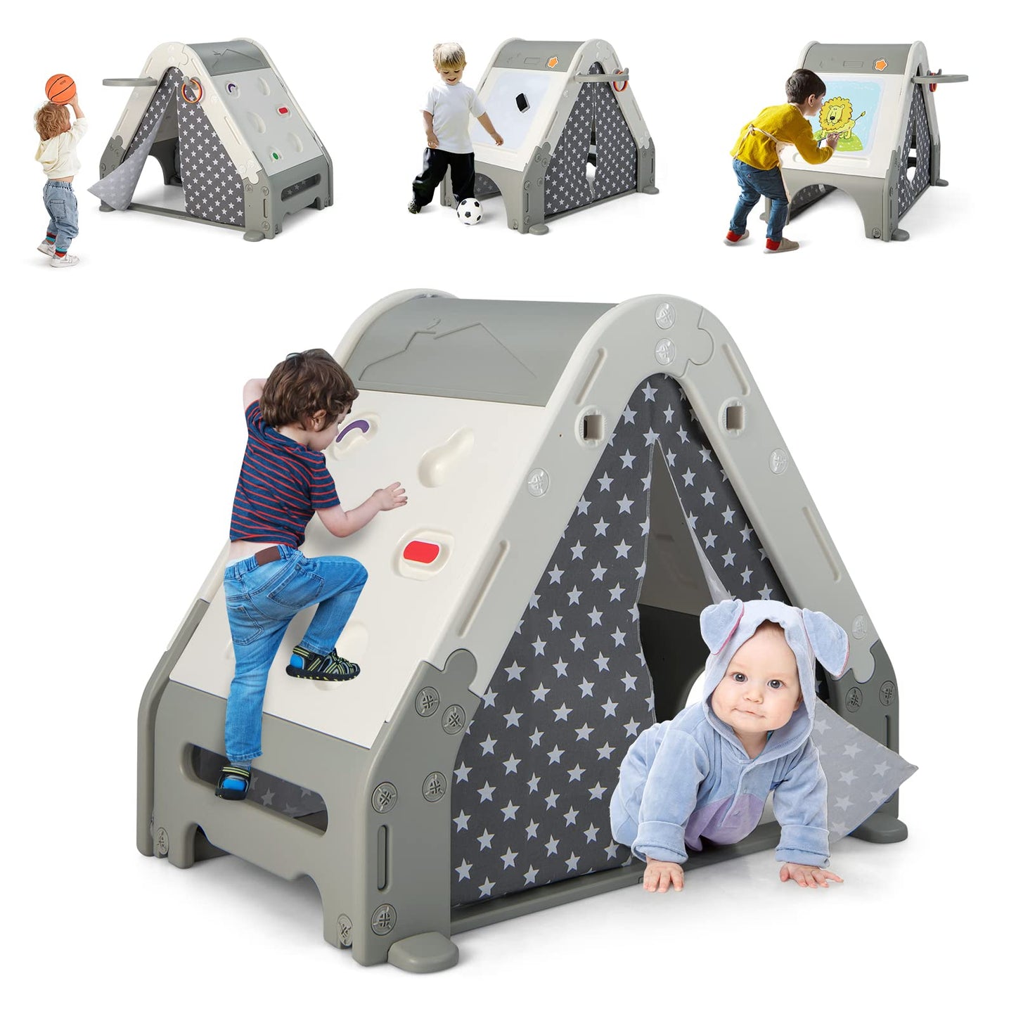 OLAKIDS Triangle Climber with Tent, Kids Hideaway Play Tent with Art Easel