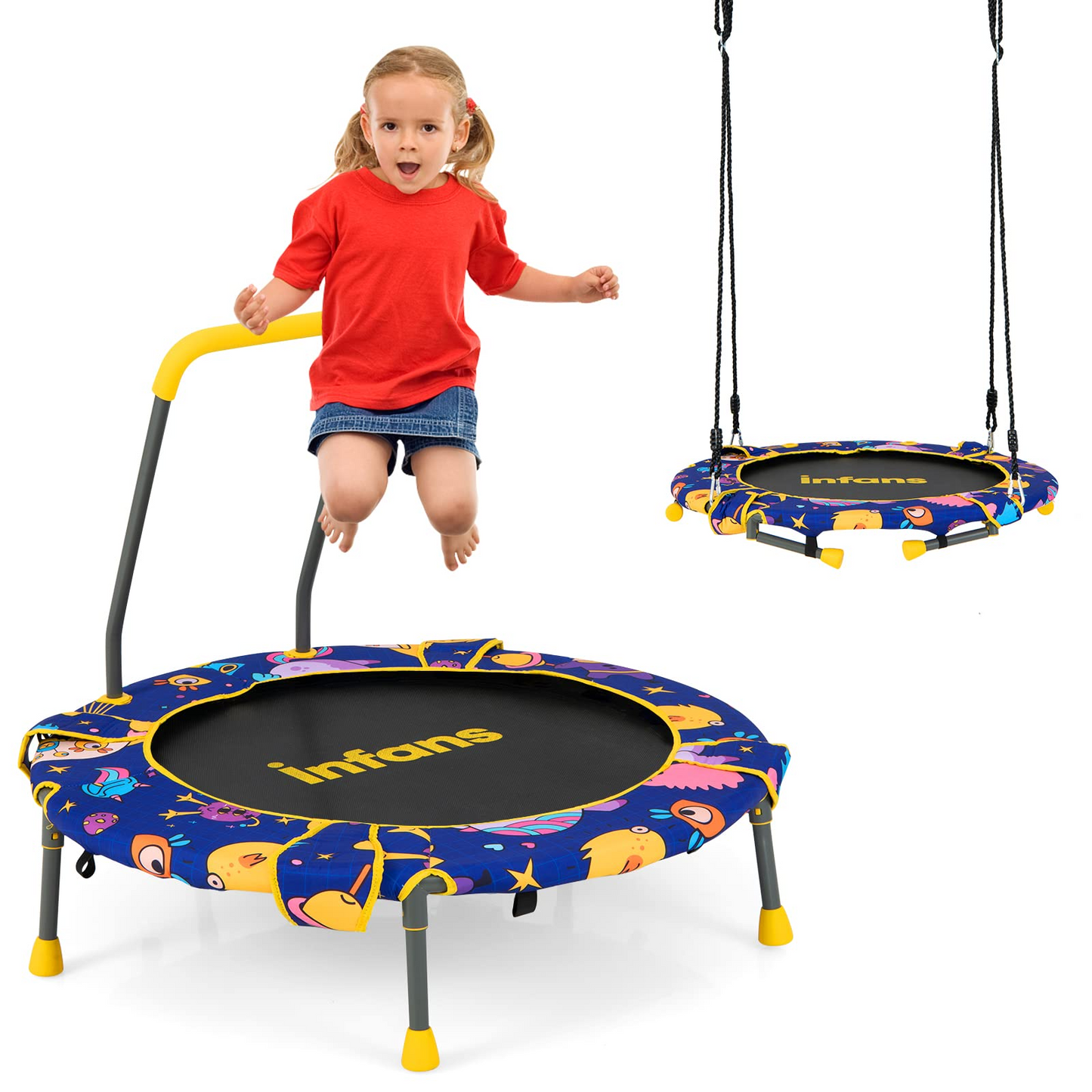 2 in 1 Trampoline and Swing Combo with Adjustable Straps Detachable Handrail OLAKIDS