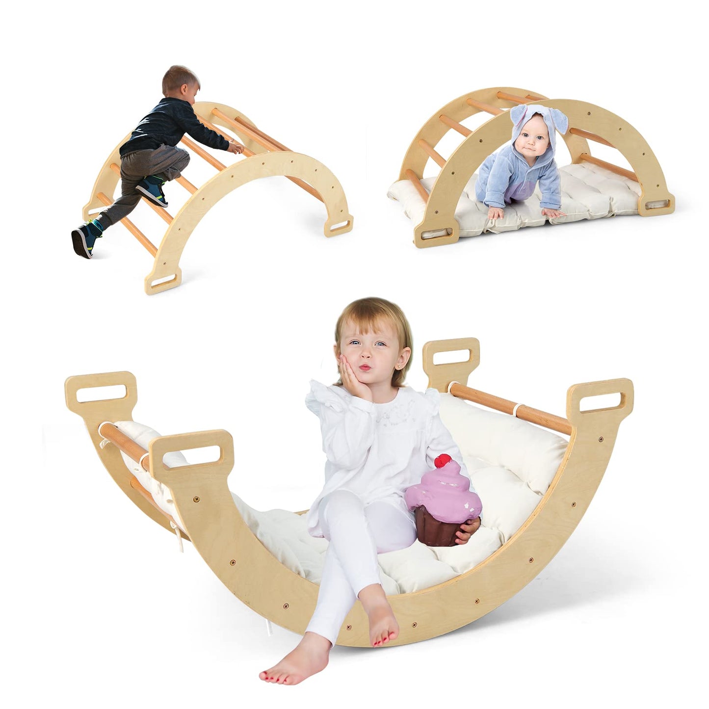 OLAKIDS 4 in 1 Arch Climbing Toys for Toddlers, Montessori Wooden Arch Climber Ladder Structure and Rocker with Cushion Pad