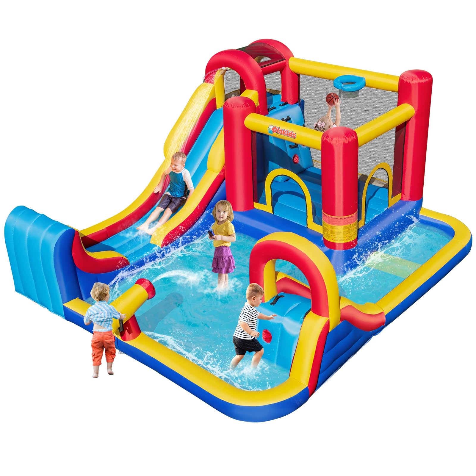 OLAKIDS Inflatable Water Slide, in Bounce House Water Park with Slides Splash Pools, Climbing Wall, Water Gun, Basketball Rim, Outdoor