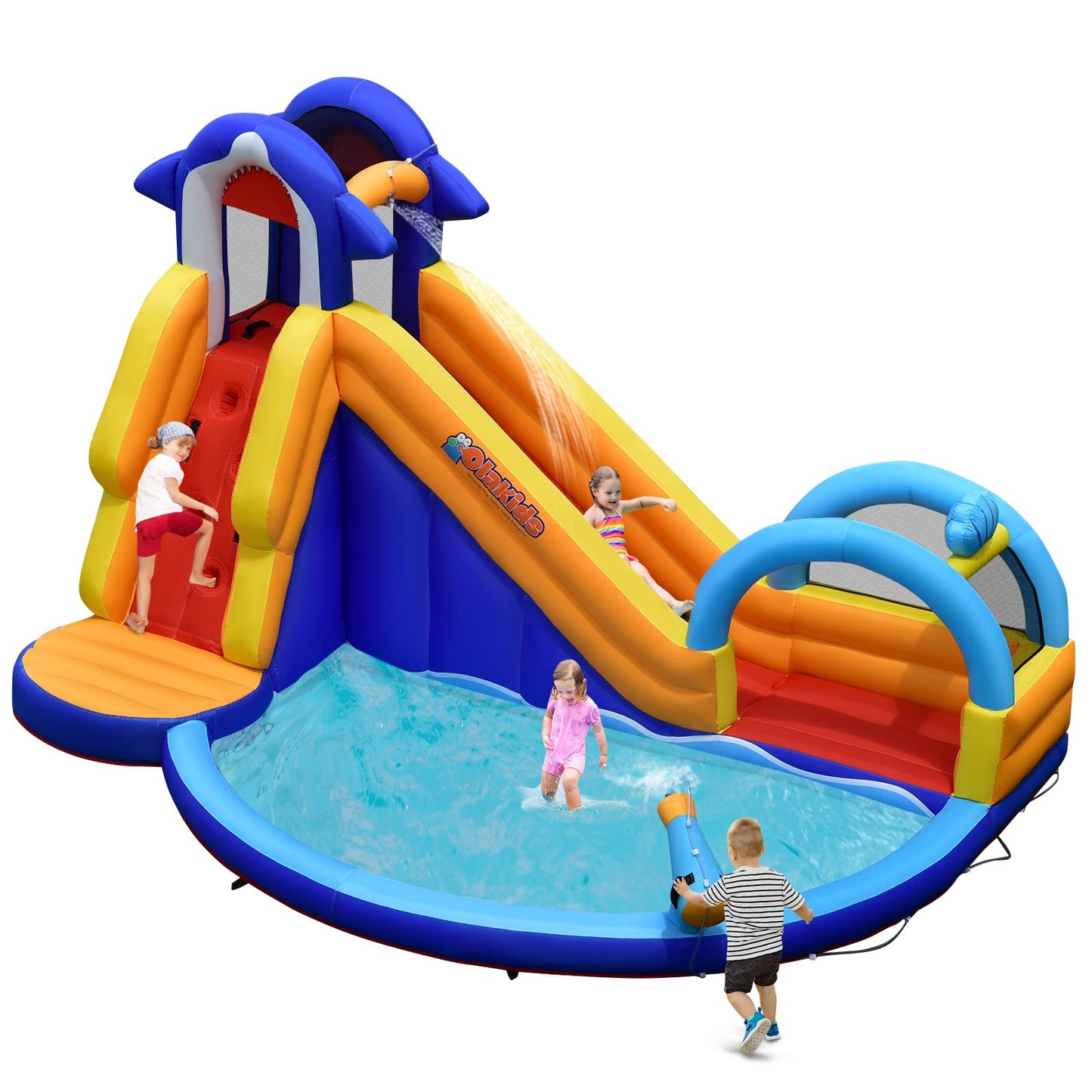 OLAKIDS Inflatable Water Slides, Shark Theme 14FT x 10FT x 8.5FT Bouncy House with Slide, Splash Pool, Climbing Wall, Water Gun OLAKIDS