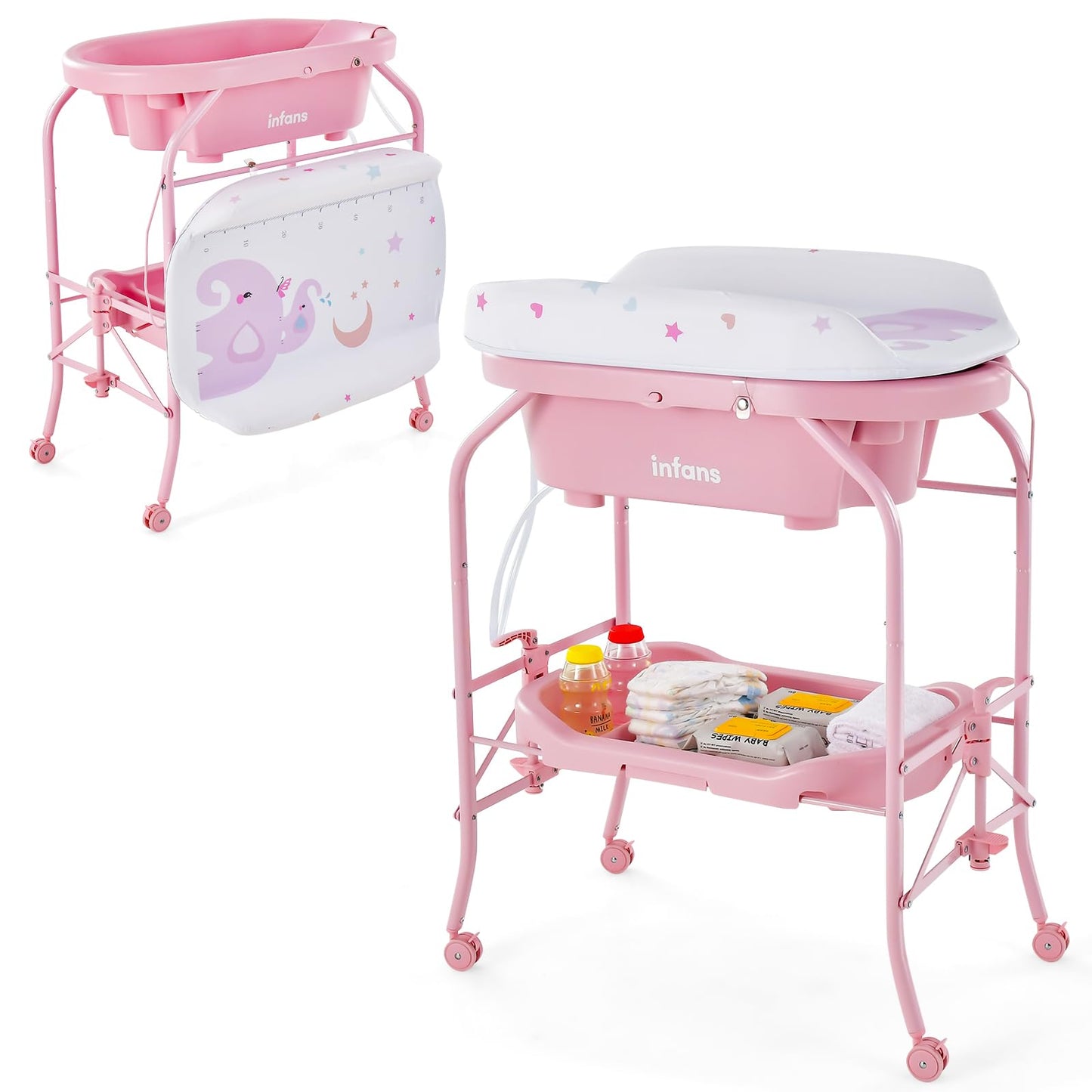 INFANS 2 in 1 Baby Changing Table with Bath Tub Unit, Folding Diaper Dresser Station with Wheels Waterproof Pad Storage Rack, Portable Nursery Organizer Stand for Newborn Infant