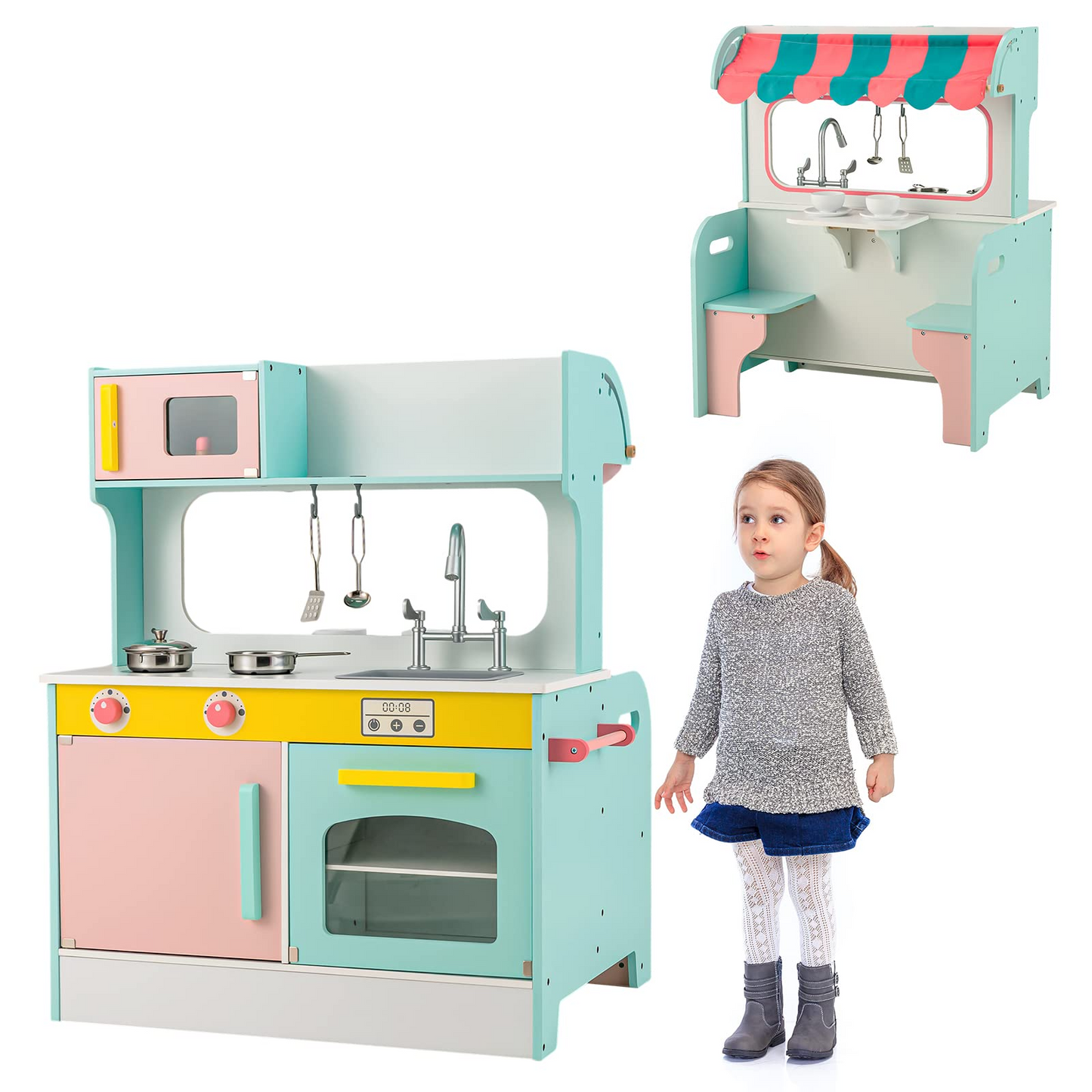 OLAKIDS 2 in 1 Kids Play Kitchen and Restaurant, Double Sided Toddler Wooden Pretend Cooking Set with Stove Sink Microwave Storage Cabinet OLAKIDS