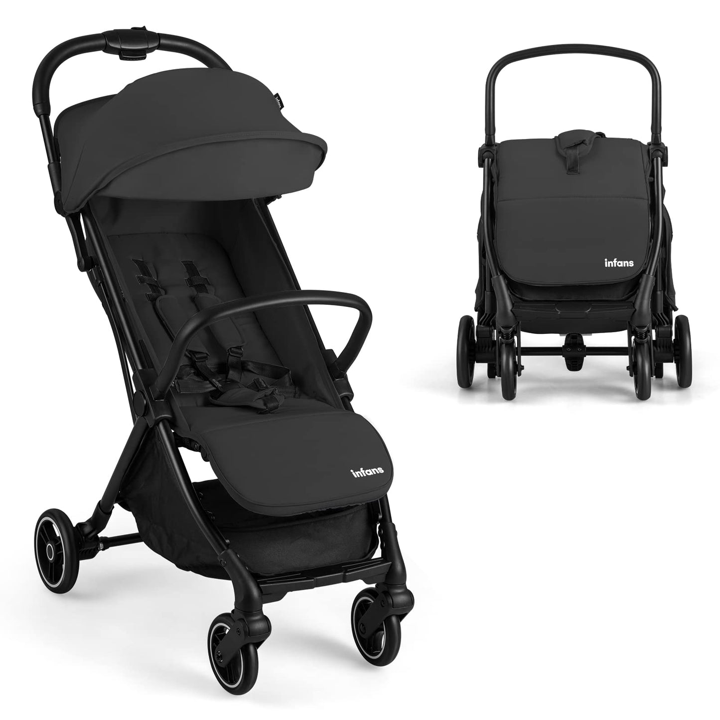 INFANS Lightweight Baby Stroller, One-Hand Gravity Fold, Compact Travel Stroller for Airplane with Aluminium Frame, Adjustable Backrest and Canopy, Foldable Infant Toddler Stroller for 0-36 Month