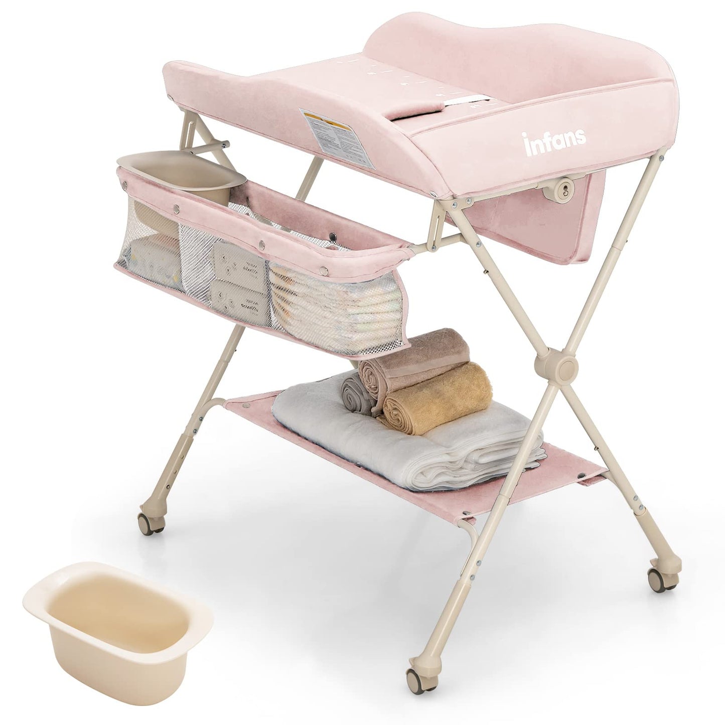 OLAKIDS Portable Baby Changing Table, Folding Diaper Dresser Station with Wheels, Adjustable Height, Safety Belt, Drying and Storage Rack OLAKIDS