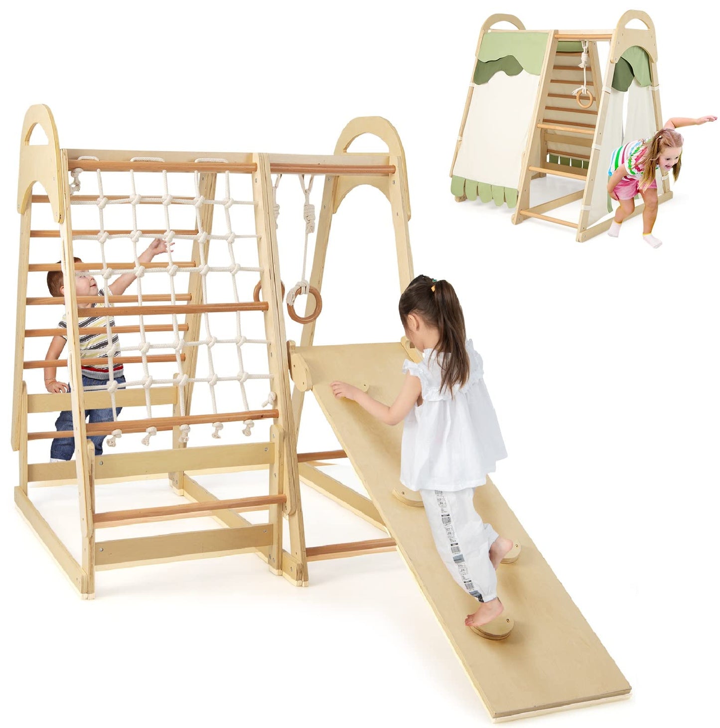 OLAKIDS 7 in 1 Kids Indoor Playground, Wooden Montessori Climber Playset with Tent Slide Climbing Rock Climbing Net