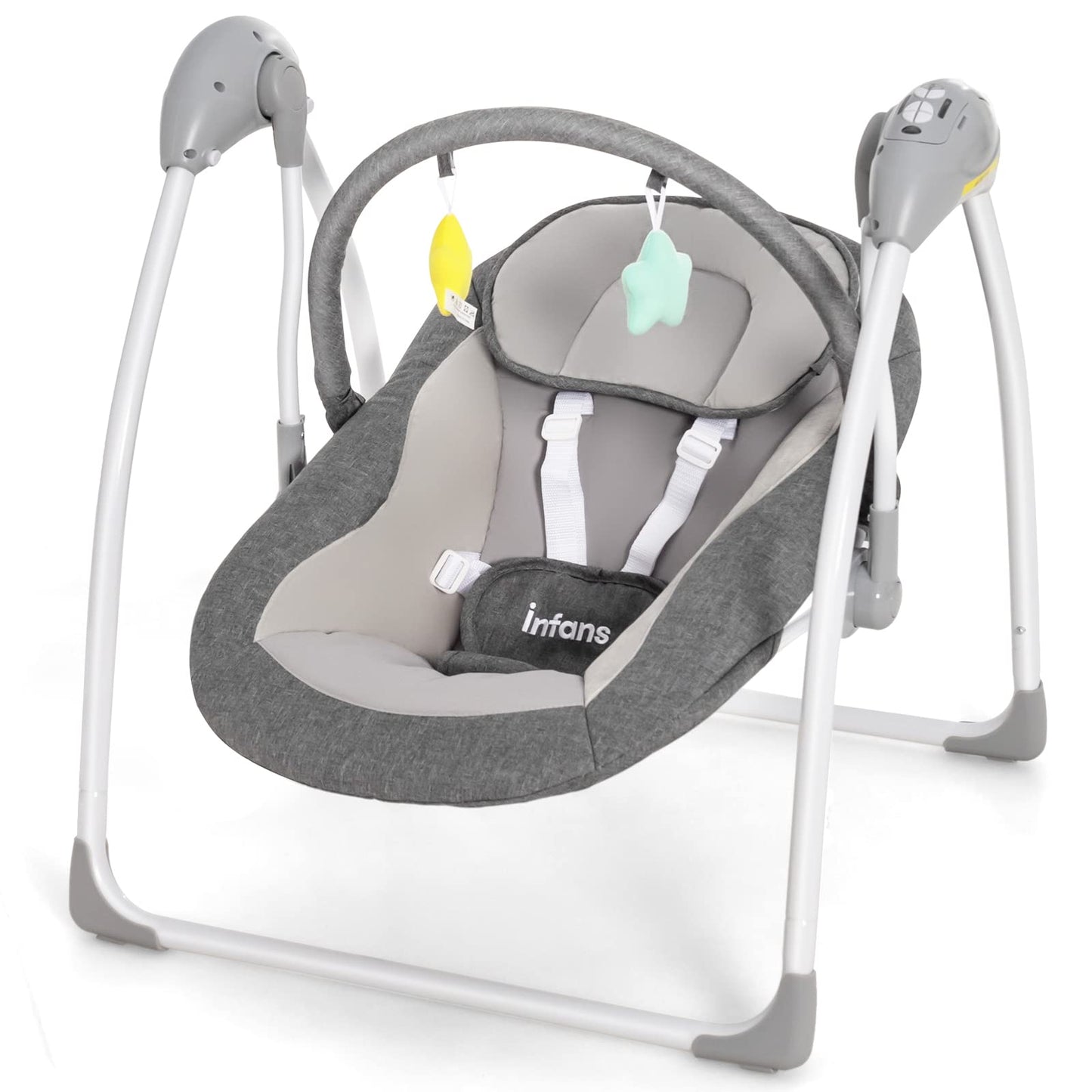 OLAKIDS Baby Swing for Infants, Compact Portable Baby Electric Rocker for Newborn with 5 Speed Natural Sway Music Timing 2 Toys Remote Control, Easy Fold, 0-6 Months Boy Girl (Grey) OLAKIDS