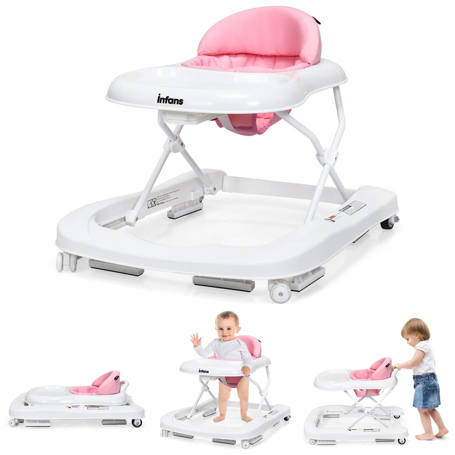 INFANS Foldable Baby Walker, 3 in 1 Toddler Walker Learning-Seated Walk-Behind for Boys and Girls, Adjustable Speed Rear Wheels, Safety Bumper, Detachable Seat Cover, Anti-Rollover (Pink)