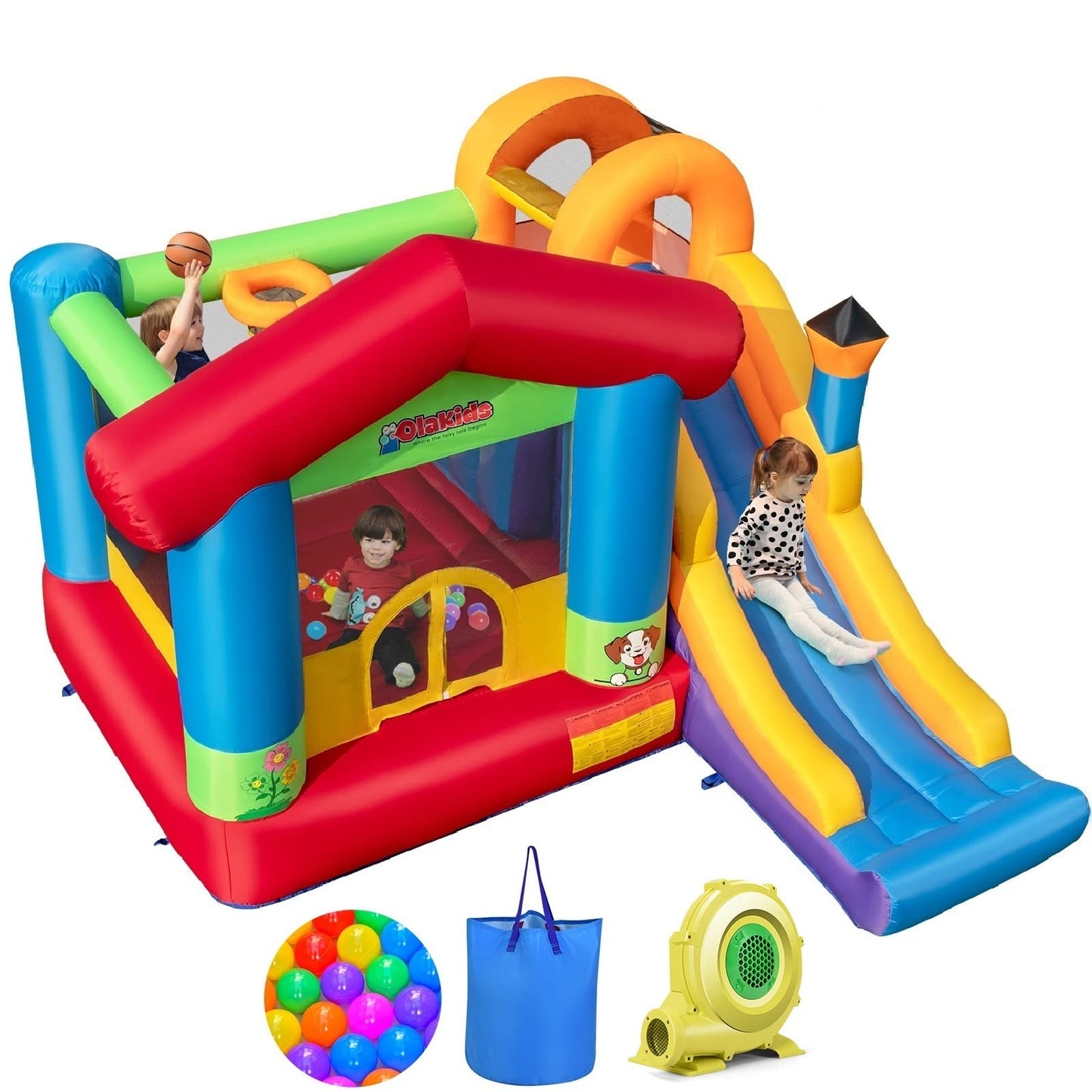 OLAKIDS Inflatable Bounce House, Kids Jumping Castle with Slide, Basketball Rim, Climbing Wall