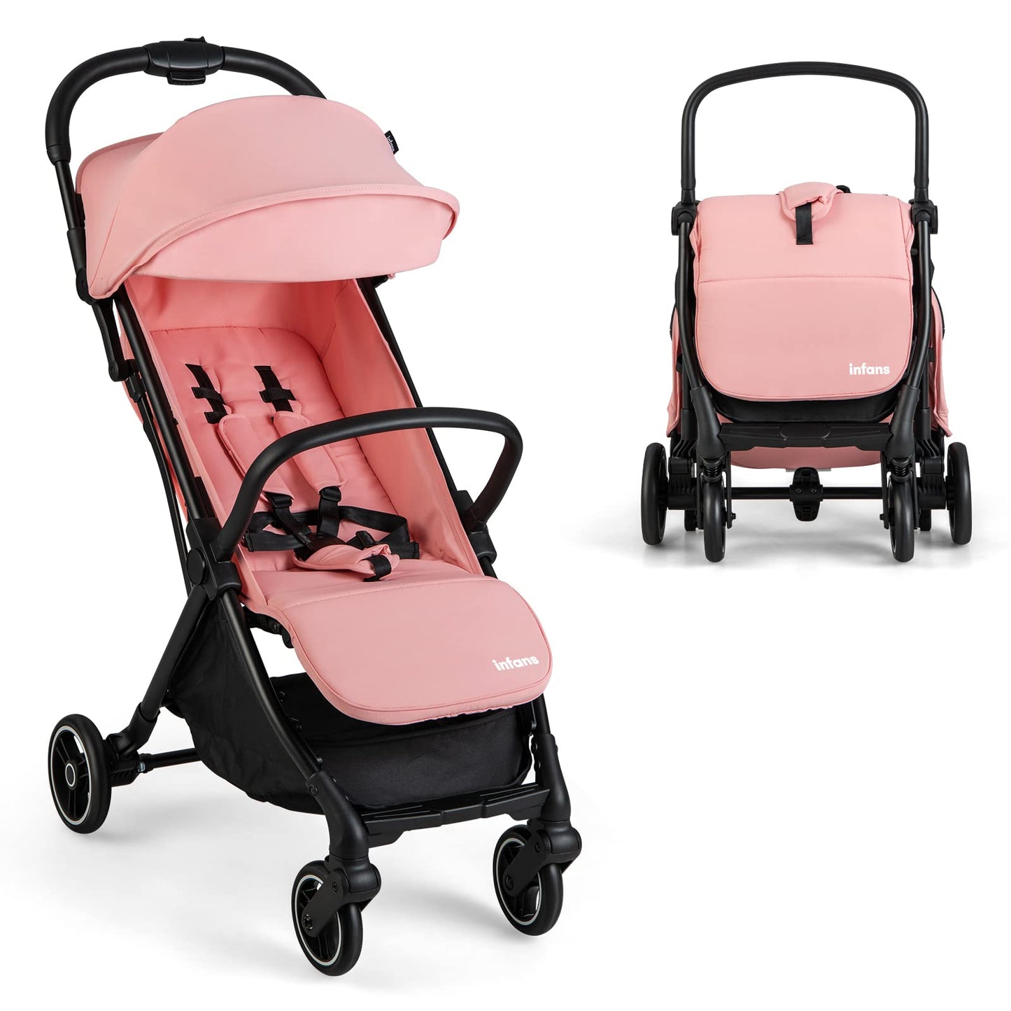 INFANS Lightweight Baby Stroller, One-Hand Gravity Fold, Compact Travel Stroller for Airplane with Aluminium Frame, Adjustable Backrest and Canopy, Foldable Infant Toddler Stroller for 0-36 Month