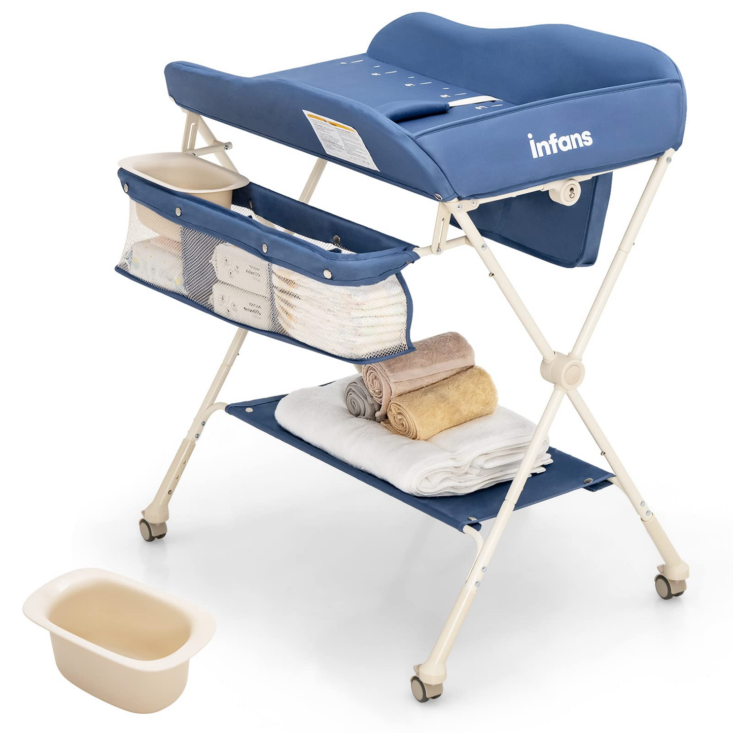 OLAKIDS Portable Baby Changing Table, Folding Diaper Dresser Station with Wheels, Adjustable Height, Safety Belt, Drying and Storage Rack OLAKIDS
