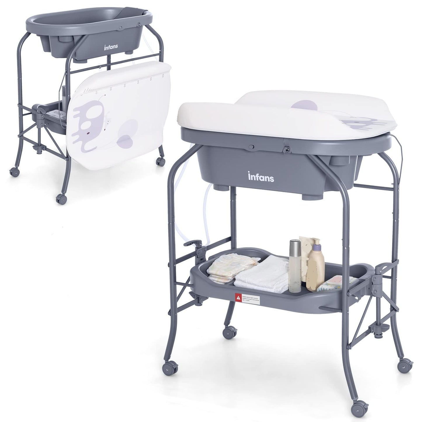 OLAKIDS 2 in 1 Baby Changing Table with Bath Tub Unit, Folding Diaper Dresser Station with Wheels Waterproof Pad Storage Rack OLAKIDS